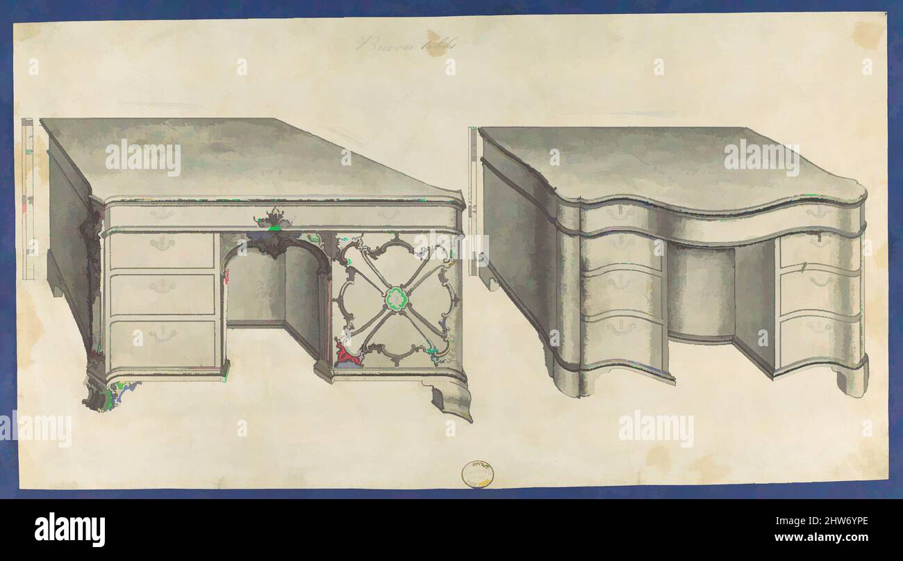 Art inspired by Bureau Tables, from Chippendale Drawings, Vol. II, ca. 1753–54, Black ink, gray wash, sheet: 7 5/16 x 13 9/16 in. (18.6 x 34.4 cm), Thomas Chippendale (British, baptised Otley, West Yorkshire 1718–1779 London, Classic works modernized by Artotop with a splash of modernity. Shapes, color and value, eye-catching visual impact on art. Emotions through freedom of artworks in a contemporary way. A timeless message pursuing a wildly creative new direction. Artists turning to the digital medium and creating the Artotop NFT Stock Photo