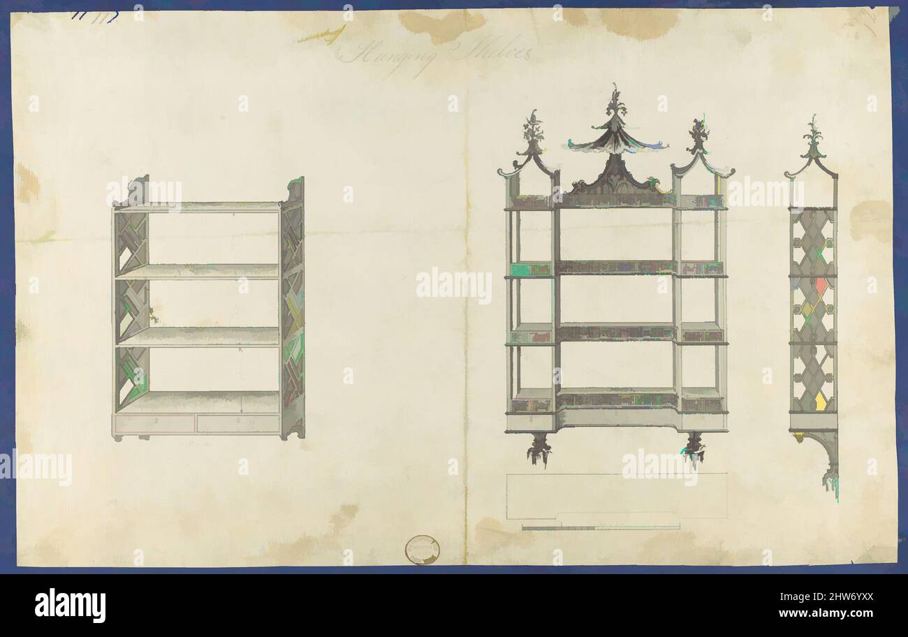 Art inspired by Hanging Shelves, from Chippendale Drawings, Vol. II, ca. 1753–54, Black ink, gray wash, sheet: 8 1/16 x 12 3/4 in. (20.5 x 32.4 cm), Thomas Chippendale (British, baptised Otley, West Yorkshire 1718–1779 London, Classic works modernized by Artotop with a splash of modernity. Shapes, color and value, eye-catching visual impact on art. Emotions through freedom of artworks in a contemporary way. A timeless message pursuing a wildly creative new direction. Artists turning to the digital medium and creating the Artotop NFT Stock Photo