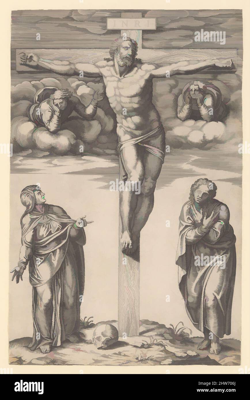 Art inspired by Crucifixion, after Michelangelo, mid-16th century, Engraving, Sheet (trimmed): 16 1/4 × 10 1/2 in. (41.3 × 26.7 cm), Prints, Attributed to Nicolas Beatrizet (French, Lunéville 1515–ca. 1566 Rome (?)), After Michelangelo Buonarroti (Italian, Caprese 1475–1564 Rome, Classic works modernized by Artotop with a splash of modernity. Shapes, color and value, eye-catching visual impact on art. Emotions through freedom of artworks in a contemporary way. A timeless message pursuing a wildly creative new direction. Artists turning to the digital medium and creating the Artotop NFT Stock Photo