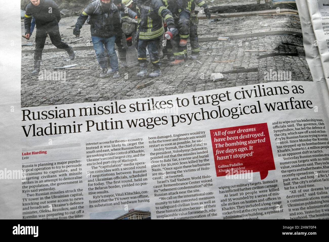 'Russian missile strikes to target civilians as Vladimir Putin wages psychological warfare' Guardian Ukraine newspaper headline 2 March 2022 London UK Stock Photo
