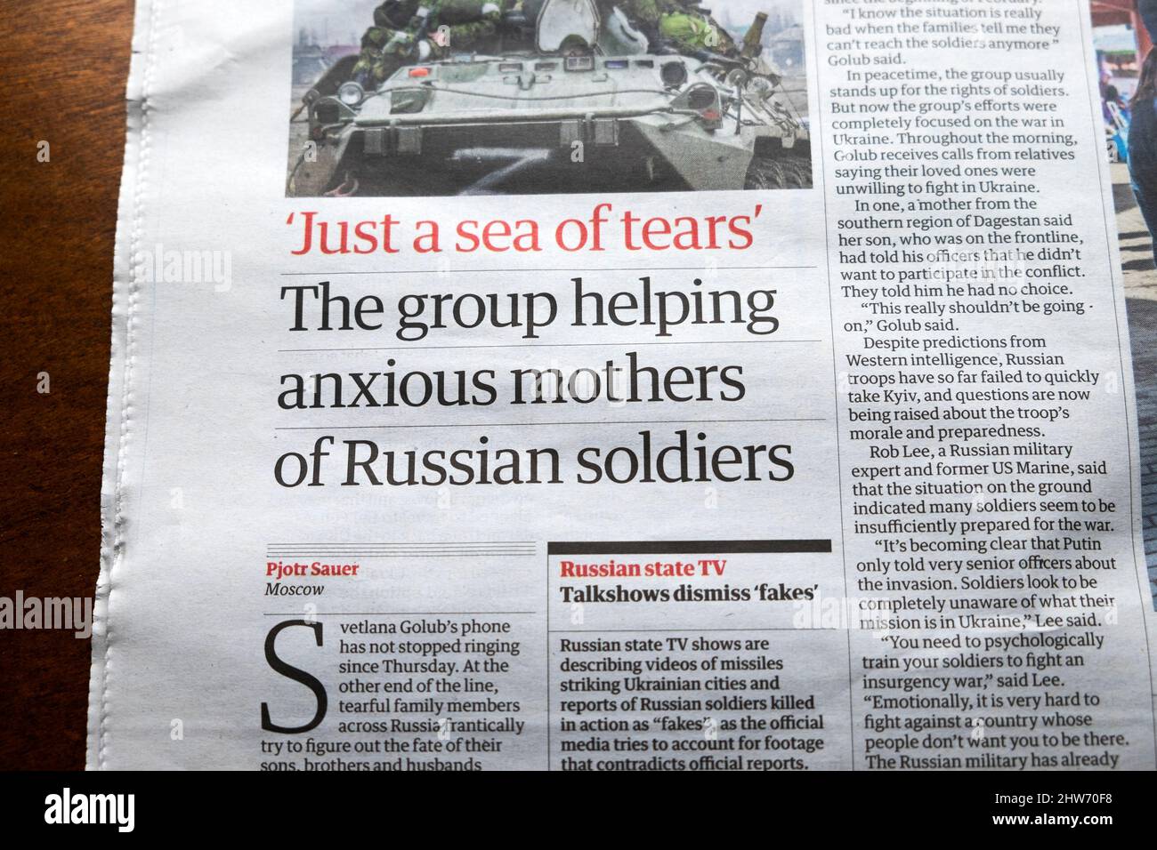 'The group helping anxious mothers of Russian soldiers' Guardian Russia Ukraine invasion war newspaper headline clipping 2 March 2022 London UK Stock Photo