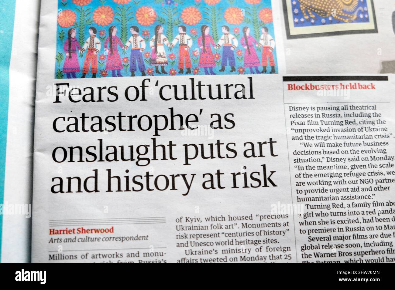'Fears of 'cultural catastrophe' as onslaught puts art and history at risk' Guardian Russia Ukraine war newspaper article on 2 March 2022 London UK Stock Photo