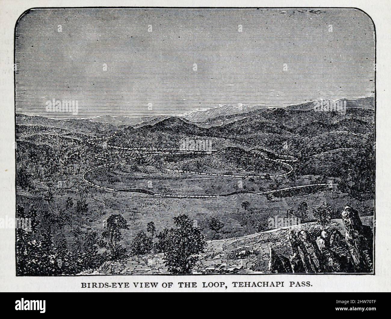 BIRDS-EYE VIEW OF THE LOOP, TEHACHAPI PASS from the book Crofutt's new overland tourist and Pacific coast guide : containing description cities, towns, villages, stations, government fort and camps, mountains, lakes, rivers, sulphur, soda and hot springs, scenery, watering places, and summer resorts : where to look for and hunt the buffalo, antelope, deer and other game; trout fishing, through Nebraska, Wyoming, Colorado, Utah, Montana, Idaho, Nevada, California and Arizona by George A Crofutt, Published in Chicago, Ill., by The Overland Pub. Co in 1879 Stock Photo