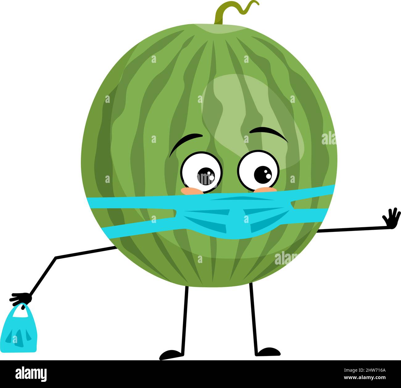 Green striped round watermelon character with sad emotions, face and mask keep distance, hands with shopping bag and stop gesture. Person with care expression, fruit emoticon. Vector flat illustration Stock Vector
