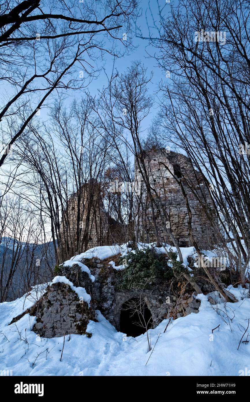 The ruins of Barco Castle were the cradle of the powerful medieval Castelbarco dynasty. Savignano, Pomarolo, Vallagarina, Trentino, Italy. Stock Photo