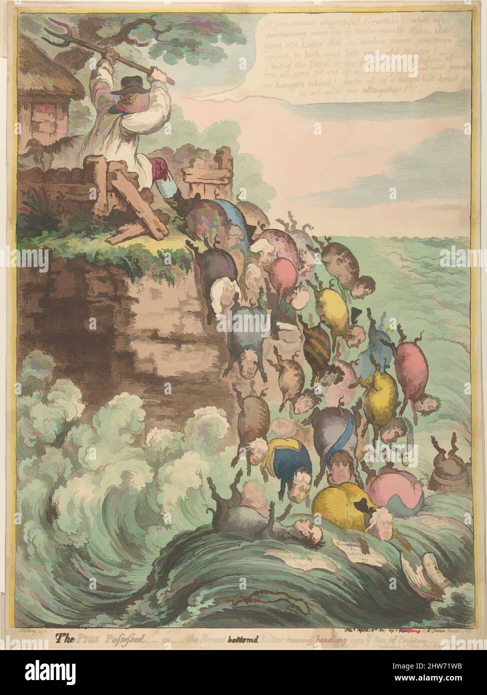 Art inspired by The Pigs Possessed:–or–the Broad Bottom'd Litter Running Headlong into Ye Sea of Perdition, April 18, 1807, Hand-colored etching, plate (trimmed at bottom): 16 1/8 x 11 7/8 in. (41 x 30.2 cm), Prints, James Gillray (British, Chelsea 1756–1815 London), King George III, Classic works modernized by Artotop with a splash of modernity. Shapes, color and value, eye-catching visual impact on art. Emotions through freedom of artworks in a contemporary way. A timeless message pursuing a wildly creative new direction. Artists turning to the digital medium and creating the Artotop NFT Stock Photo