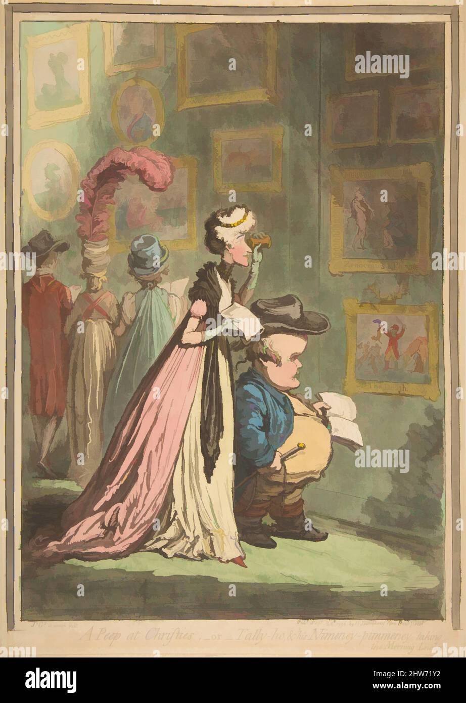 Art inspired by A Peep at Christies;–or–Tally-ho & His Nimeny-pimeney taking the Morning Lounge, September 24, 1796, Hand-colored etching, sheet: 14 1/8 x 10 in. (35.9 x 25.4 cm), Prints, James Gillray (British, Chelsea 1756–1815 London, Classic works modernized by Artotop with a splash of modernity. Shapes, color and value, eye-catching visual impact on art. Emotions through freedom of artworks in a contemporary way. A timeless message pursuing a wildly creative new direction. Artists turning to the digital medium and creating the Artotop NFT Stock Photo