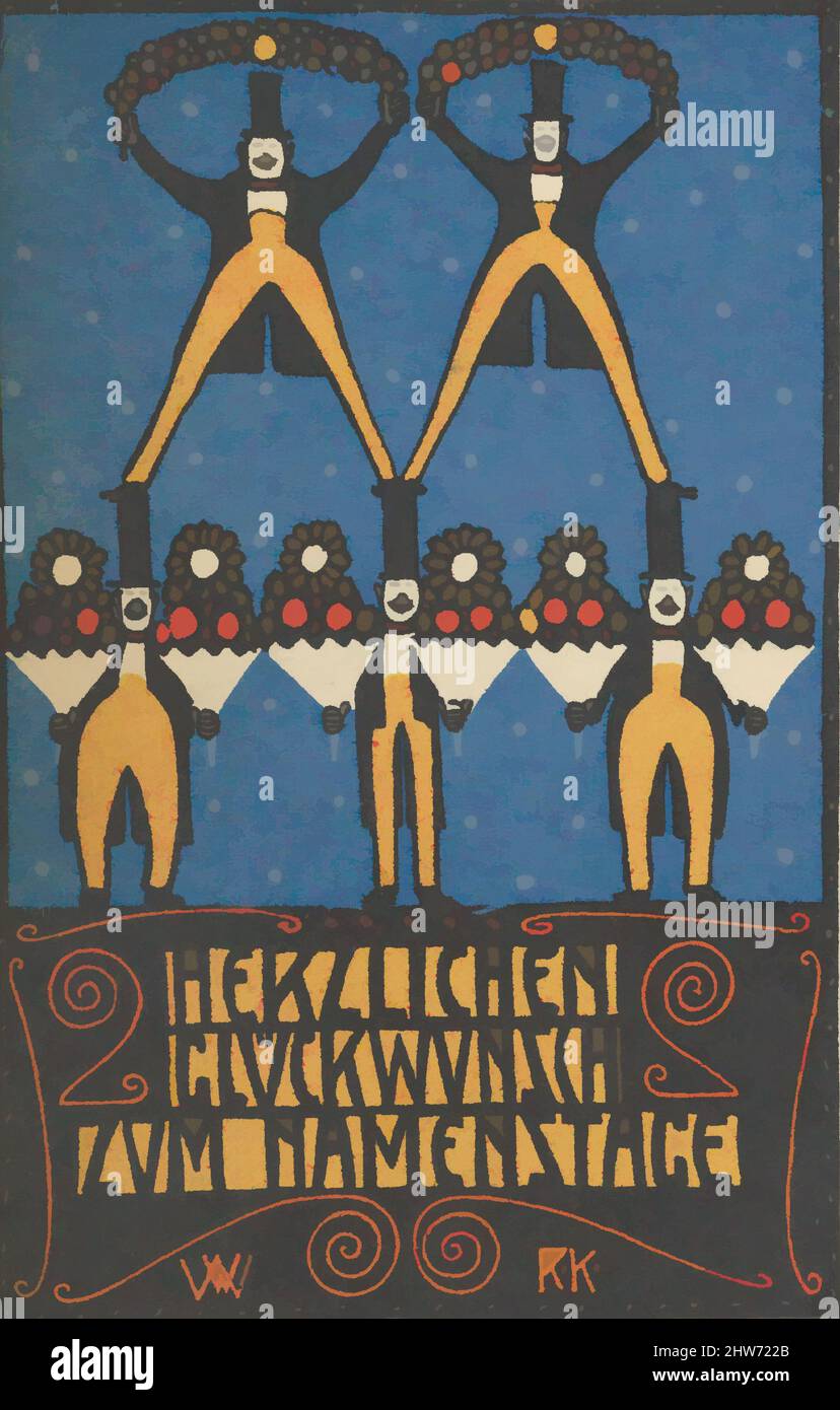 Art inspired by Congratulations on Your Name Day (Herzlichen Glückwunsch zum Namenstage), 1907, Color lithograph, sheet: 5 1/2 x 3 7/16 in. (14 x 8.8 cm), Prints, Rudolf Kalvach (Austrian, Vienna 1883–1932 Kosmanos, Classic works modernized by Artotop with a splash of modernity. Shapes, color and value, eye-catching visual impact on art. Emotions through freedom of artworks in a contemporary way. A timeless message pursuing a wildly creative new direction. Artists turning to the digital medium and creating the Artotop NFT Stock Photo