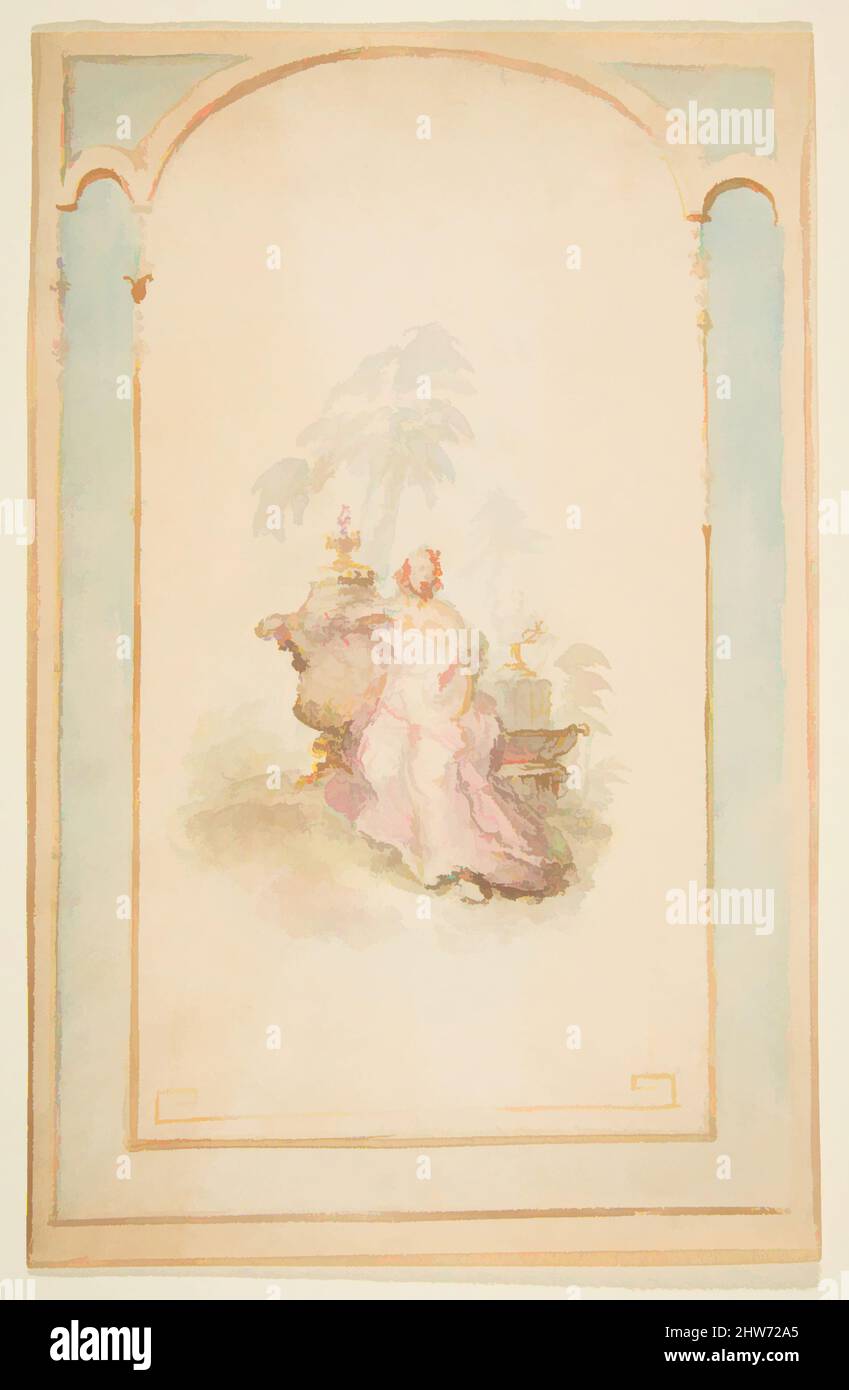 Art inspired by Ornament Design for Wall Panel, 19th century, Watercolor on wove paper, sheet: 8 9/16 x 5 1/2 in. (21.8 x 14 cm), Drawings, Anonymous, French, 19th century, Classic works modernized by Artotop with a splash of modernity. Shapes, color and value, eye-catching visual impact on art. Emotions through freedom of artworks in a contemporary way. A timeless message pursuing a wildly creative new direction. Artists turning to the digital medium and creating the Artotop NFT Stock Photo