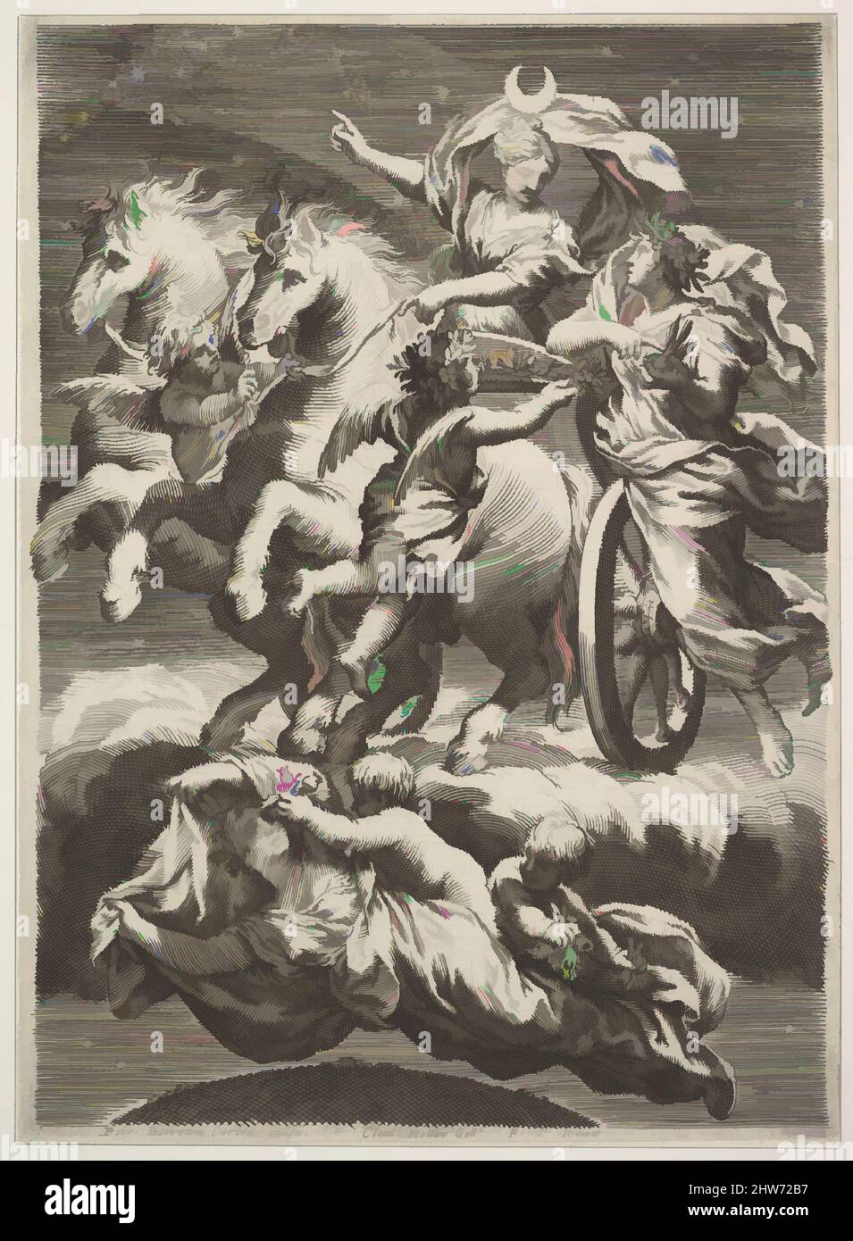Art inspired by Diana in Her Chariot (La Lune sur son char), 1633, Engraving, sheet: 10 15/16 x 7 1/2 in. (27.8 x 19 cm), Prints, Claude Mellan (French, Abbeville 1598–1688 Paris), After Pietro da Cortona (Pietro Berrettini) (Italian, Cortona 1596–1669 Rome, Classic works modernized by Artotop with a splash of modernity. Shapes, color and value, eye-catching visual impact on art. Emotions through freedom of artworks in a contemporary way. A timeless message pursuing a wildly creative new direction. Artists turning to the digital medium and creating the Artotop NFT Stock Photo