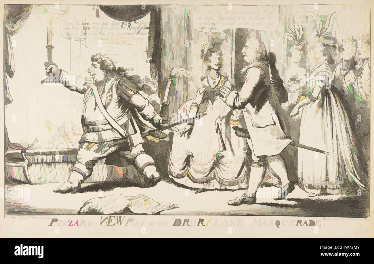 Art inspired by Pizzaro a New Play or the Drury-Lane Masquerade, June 11, 1799, Etching, sheet: 10 3/16 x 16 1/4 in. (25.9 x 41.2 cm), Prints, Anonymous, British, 18th century, Classic works modernized by Artotop with a splash of modernity. Shapes, color and value, eye-catching visual impact on art. Emotions through freedom of artworks in a contemporary way. A timeless message pursuing a wildly creative new direction. Artists turning to the digital medium and creating the Artotop NFT Stock Photo