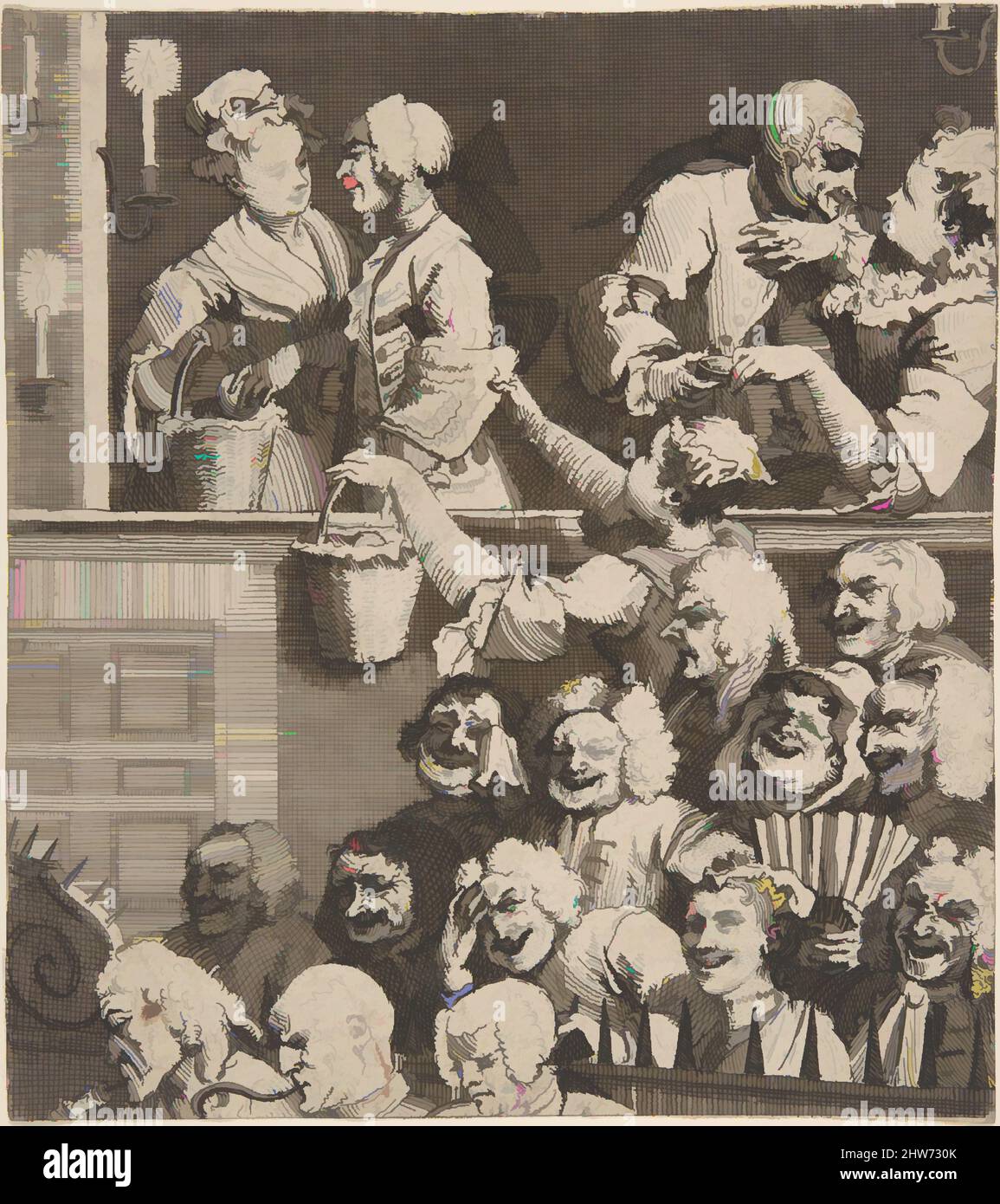 Art inspired by The Laughing Audience, December 1733, Etching; fourth state of four, sheet (trimmed within plate): 6 7/8 x 6 1/8 in. (17.4 x 15.5 cm), Prints, William Hogarth (British, London 1697–1764 London, Classic works modernized by Artotop with a splash of modernity. Shapes, color and value, eye-catching visual impact on art. Emotions through freedom of artworks in a contemporary way. A timeless message pursuing a wildly creative new direction. Artists turning to the digital medium and creating the Artotop NFT Stock Photo