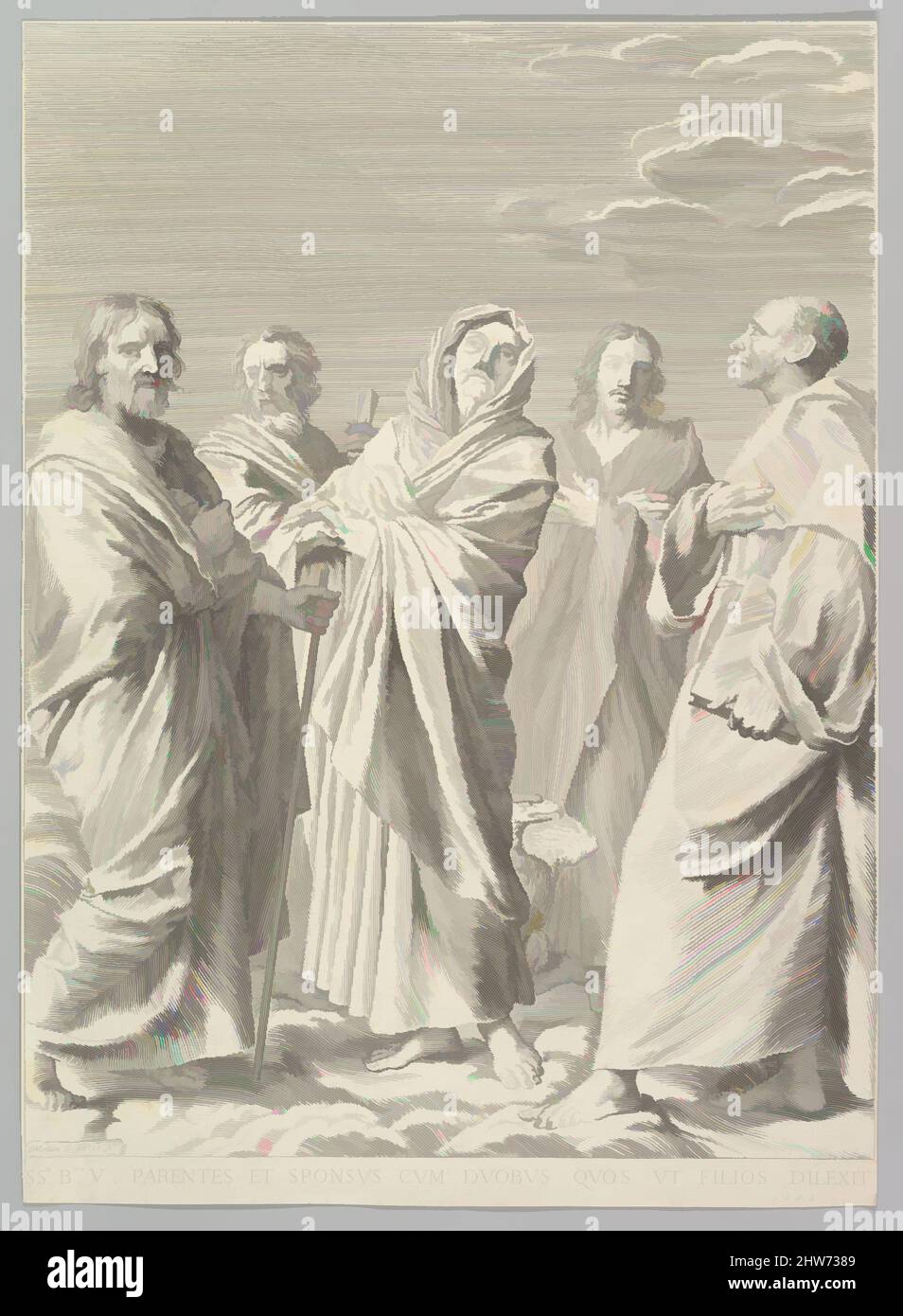 Art inspired by Sts. Anne, Joseph, Joachim, Bernard and John the Evangelist (Parenté de la Vierge), 1648, Engraving; second state of two (BN), sheet: 16 3/4 x 12 1/8 in. (42.5 x 30.8 cm), Prints, Claude Mellan (French, Abbeville 1598–1688 Paris, Classic works modernized by Artotop with a splash of modernity. Shapes, color and value, eye-catching visual impact on art. Emotions through freedom of artworks in a contemporary way. A timeless message pursuing a wildly creative new direction. Artists turning to the digital medium and creating the Artotop NFT Stock Photo
