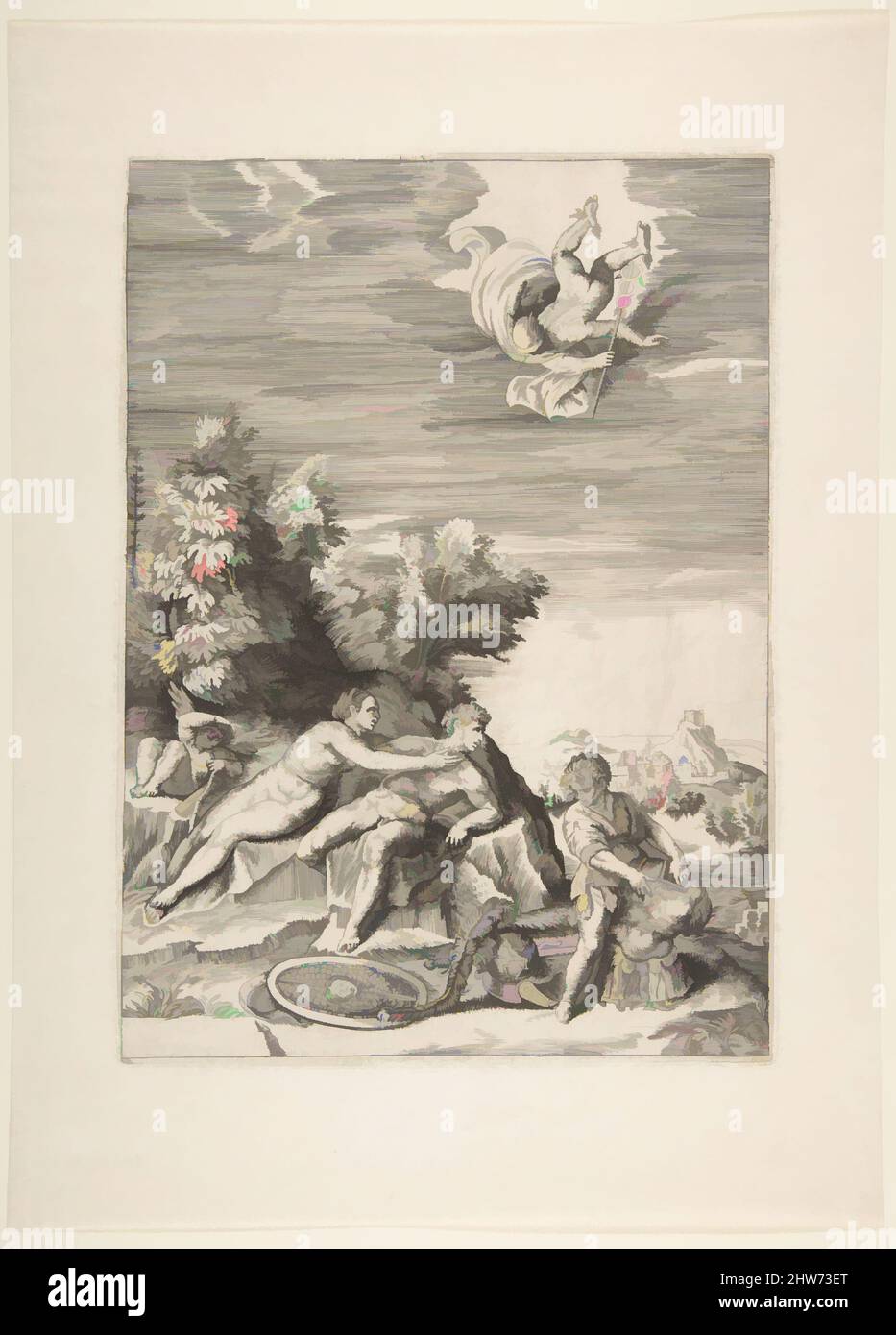 Art inspired by Calypso trying to detain Ulysses as a child prepares his armour at right and Mercury falls from the sky, 1531–76, Engraving, sheet: 15 11/16 x 11 7/16 in. (39.8 x 29 cm), Prints, Giulio Bonasone (Italian, active Rome and Bologna, 1531–after 1576, Classic works modernized by Artotop with a splash of modernity. Shapes, color and value, eye-catching visual impact on art. Emotions through freedom of artworks in a contemporary way. A timeless message pursuing a wildly creative new direction. Artists turning to the digital medium and creating the Artotop NFT Stock Photo