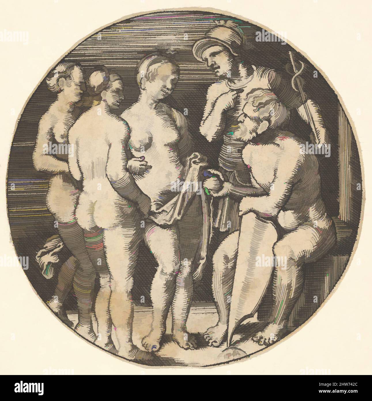 Art inspired by Judgment of Paris (copy), 16th century, Engraving, Prints, After Barthel Beham (German, Nuremberg ca. 1502–1540 Italy), ? Jacob Binck (German, Cologne 1494/1500–1569 Kaliningrad (Königsberg, Classic works modernized by Artotop with a splash of modernity. Shapes, color and value, eye-catching visual impact on art. Emotions through freedom of artworks in a contemporary way. A timeless message pursuing a wildly creative new direction. Artists turning to the digital medium and creating the Artotop NFT Stock Photo