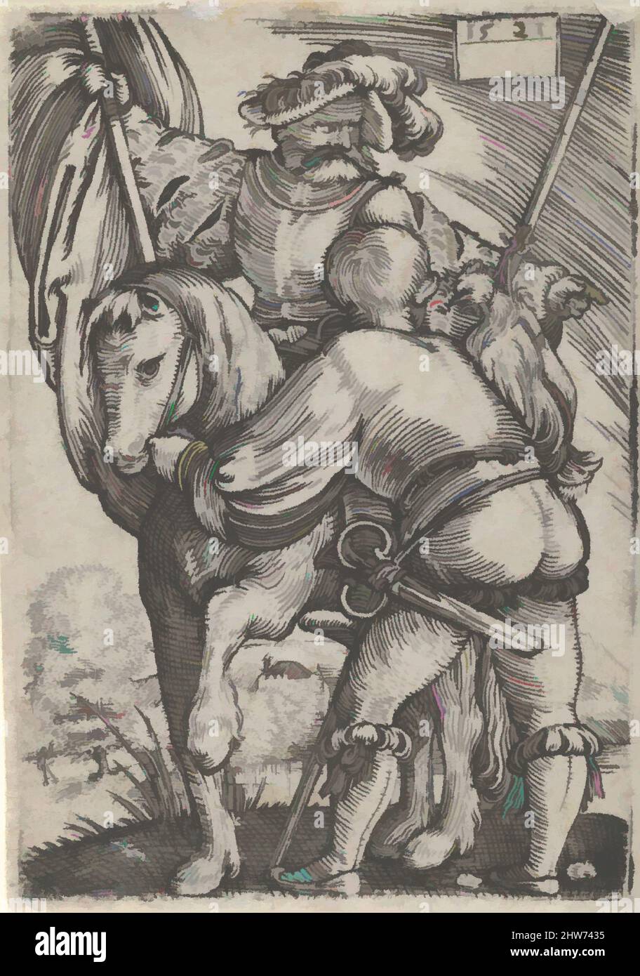 Art inspired by Riding Standard Bearer and a Foot Soldier, early 16th century, Engraving, Prints, Barthel Beham (German, Nuremberg ca. 1502–1540 Italy, Classic works modernized by Artotop with a splash of modernity. Shapes, color and value, eye-catching visual impact on art. Emotions through freedom of artworks in a contemporary way. A timeless message pursuing a wildly creative new direction. Artists turning to the digital medium and creating the Artotop NFT Stock Photo