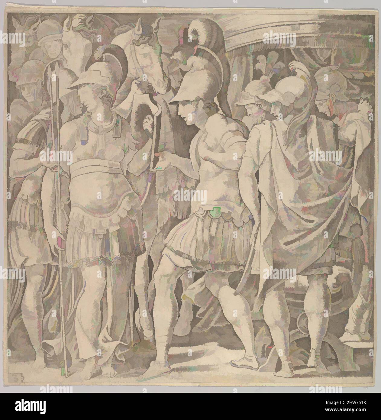 Art inspired by Alexander welcoming Thalestris and the Amazons, mid-16th century, Engraving, sheet: 9 7/16 x 9 7/16 in. (24 x 24 cm), Prints, Master FG (Italian, active mid-16th century), After Francesco Primaticcio (Italian, Bologna 1504/5–1570 Paris, Classic works modernized by Artotop with a splash of modernity. Shapes, color and value, eye-catching visual impact on art. Emotions through freedom of artworks in a contemporary way. A timeless message pursuing a wildly creative new direction. Artists turning to the digital medium and creating the Artotop NFT Stock Photo