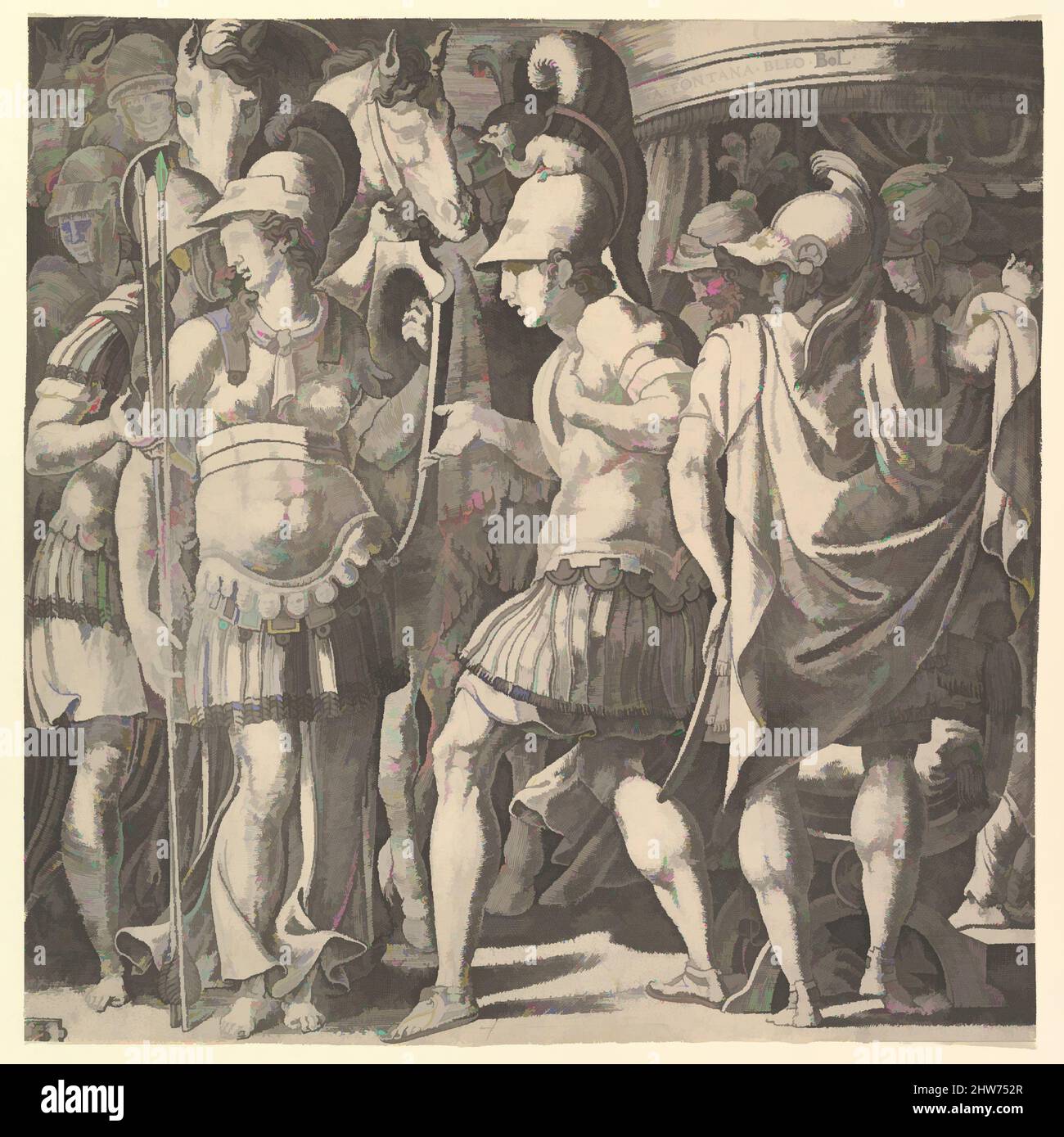 Art inspired by Alexander welcoming Thalestris and the Amazons, mid-16th century, Engraving, sheet: 9 7/16 x 9 7/16 in. (24 x 24 cm), Prints, Master FG (Italian, active mid-16th century), After Francesco Primaticcio (Italian, Bologna 1504/5–1570 Paris, Classic works modernized by Artotop with a splash of modernity. Shapes, color and value, eye-catching visual impact on art. Emotions through freedom of artworks in a contemporary way. A timeless message pursuing a wildly creative new direction. Artists turning to the digital medium and creating the Artotop NFT Stock Photo