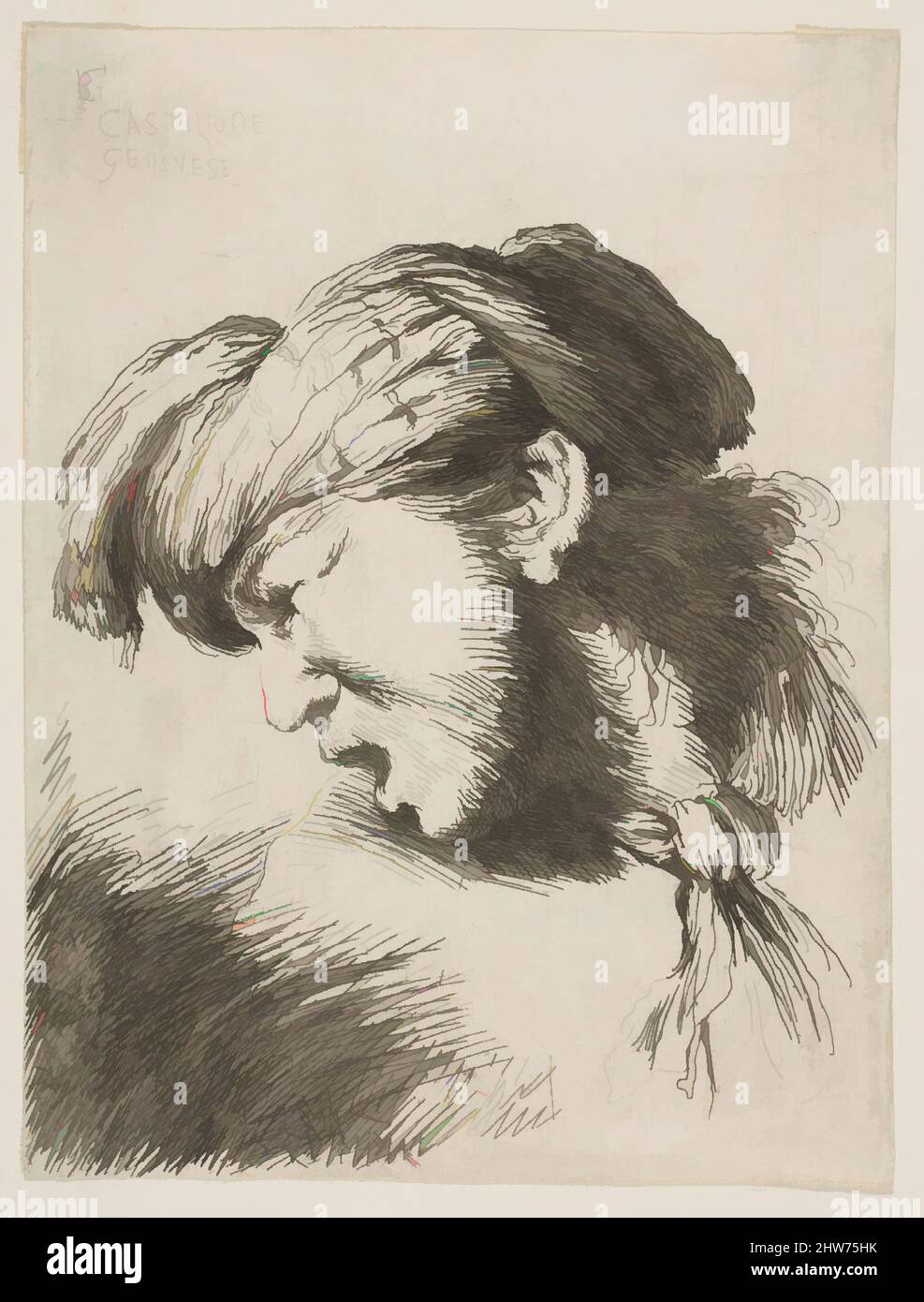 Art inspired by Head of a young Man with Mouth open, facing Left, Etching, Prints, Giovanni Benedetto Castiglione (Il Grechetto) (Italian, Genoa 1609–1664 Mantua, Classic works modernized by Artotop with a splash of modernity. Shapes, color and value, eye-catching visual impact on art. Emotions through freedom of artworks in a contemporary way. A timeless message pursuing a wildly creative new direction. Artists turning to the digital medium and creating the Artotop NFT Stock Photo