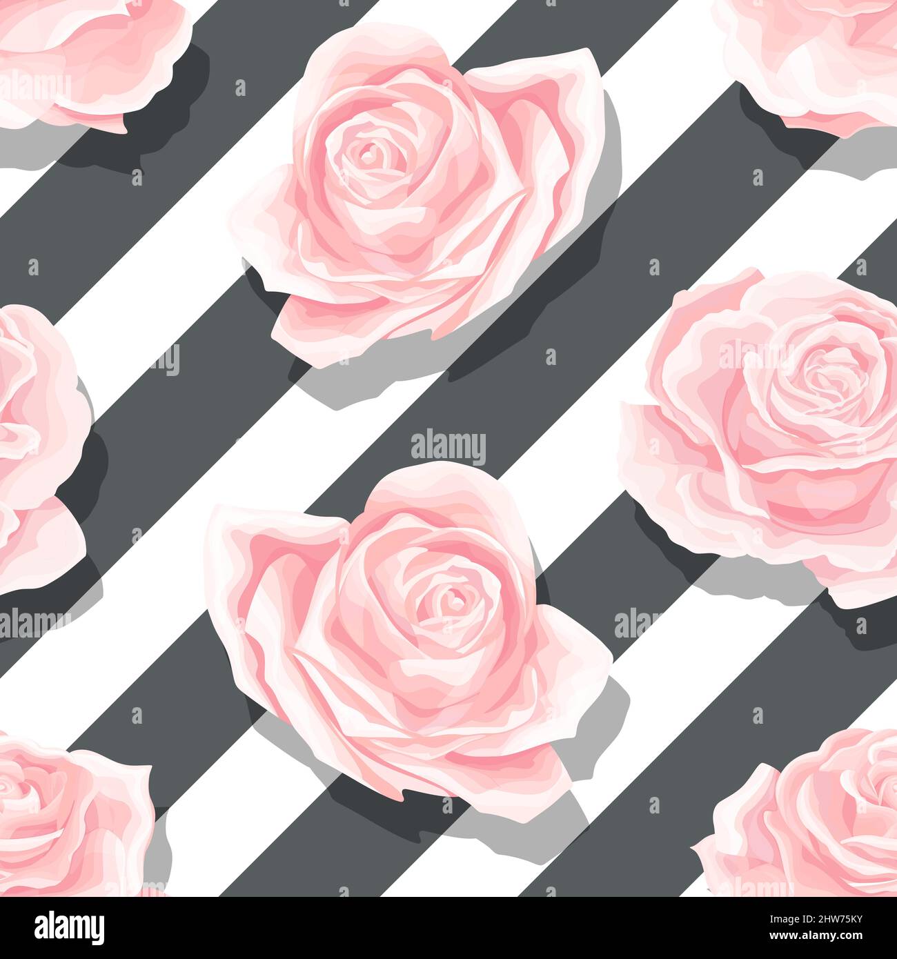 Pink roses seamless vector pattern with brushed stripes background ...