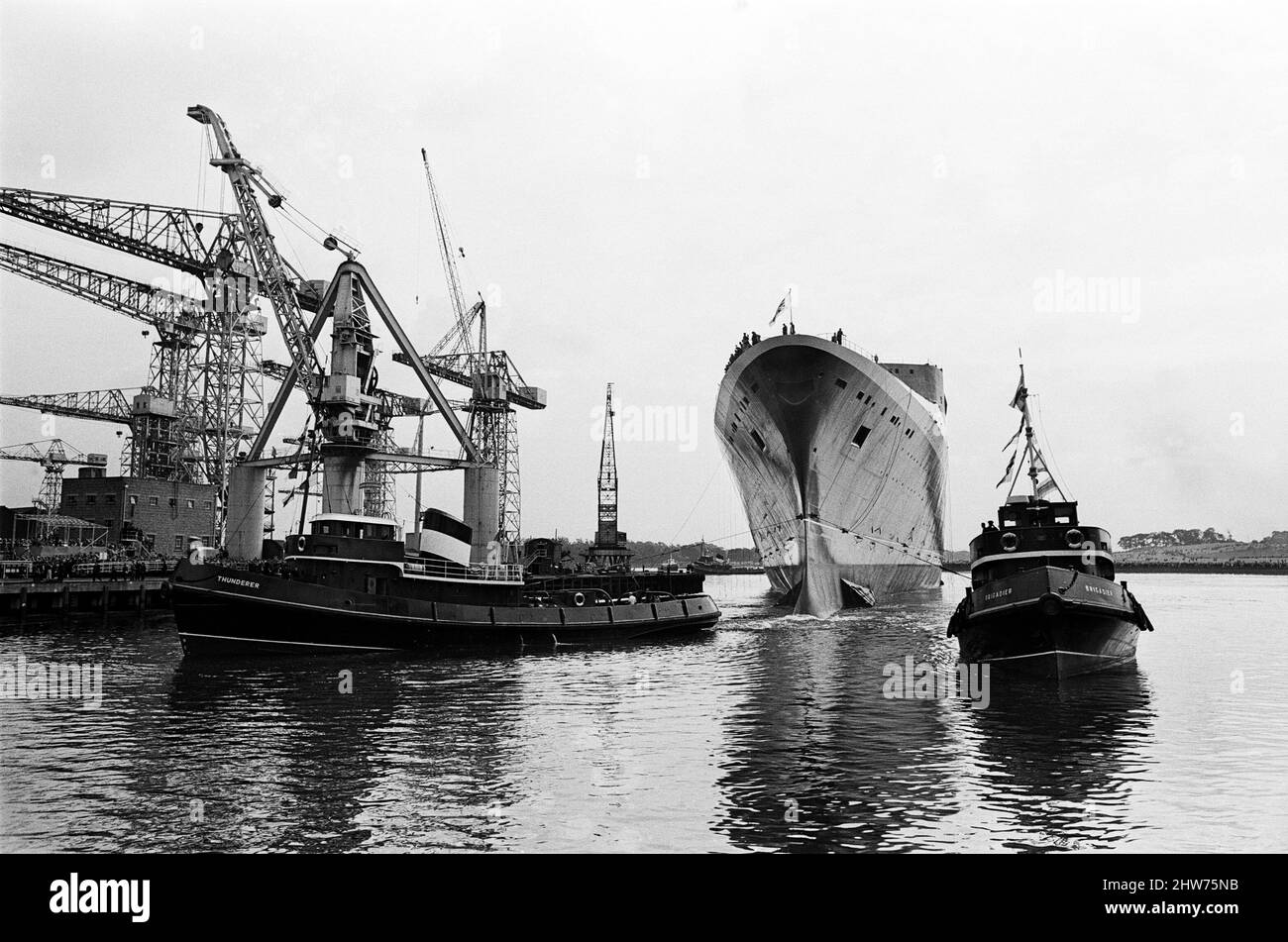 Queen Elizabeth II launching the Cunard Cruise Liner, The QE2 in the