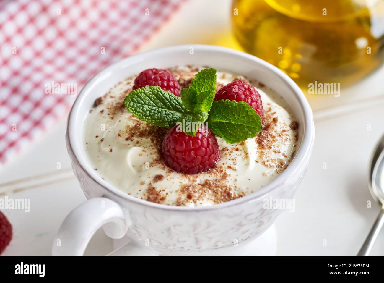 Fresh cottage cheese blended with flax seed oil, with fresh raspberries