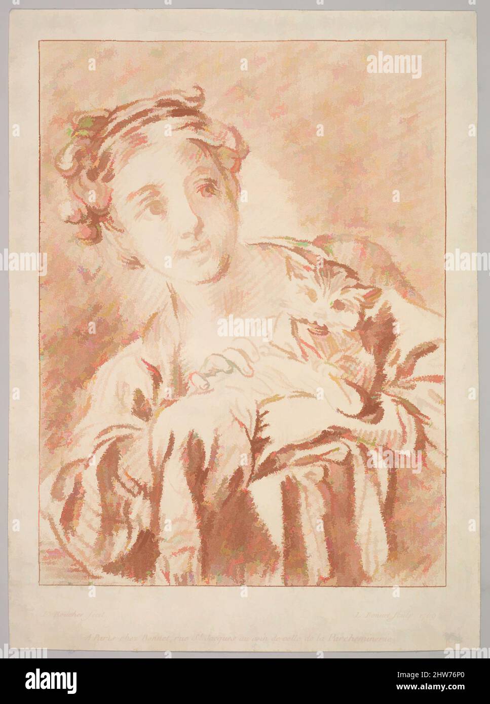 Art inspired by A Young Girl holding a Cat, 1769, Crayon-manner engraving printed in sanguine ink; second state of two, Sheet (trimmed): 8 3/16 in. × 6 in. (20.8 × 15.3 cm), Prints, Louis Marin Bonnet (French, Paris 1736–1793 Saint-Mandé, Val-de-Marne), After François Boucher (French, Classic works modernized by Artotop with a splash of modernity. Shapes, color and value, eye-catching visual impact on art. Emotions through freedom of artworks in a contemporary way. A timeless message pursuing a wildly creative new direction. Artists turning to the digital medium and creating the Artotop NFT Stock Photo