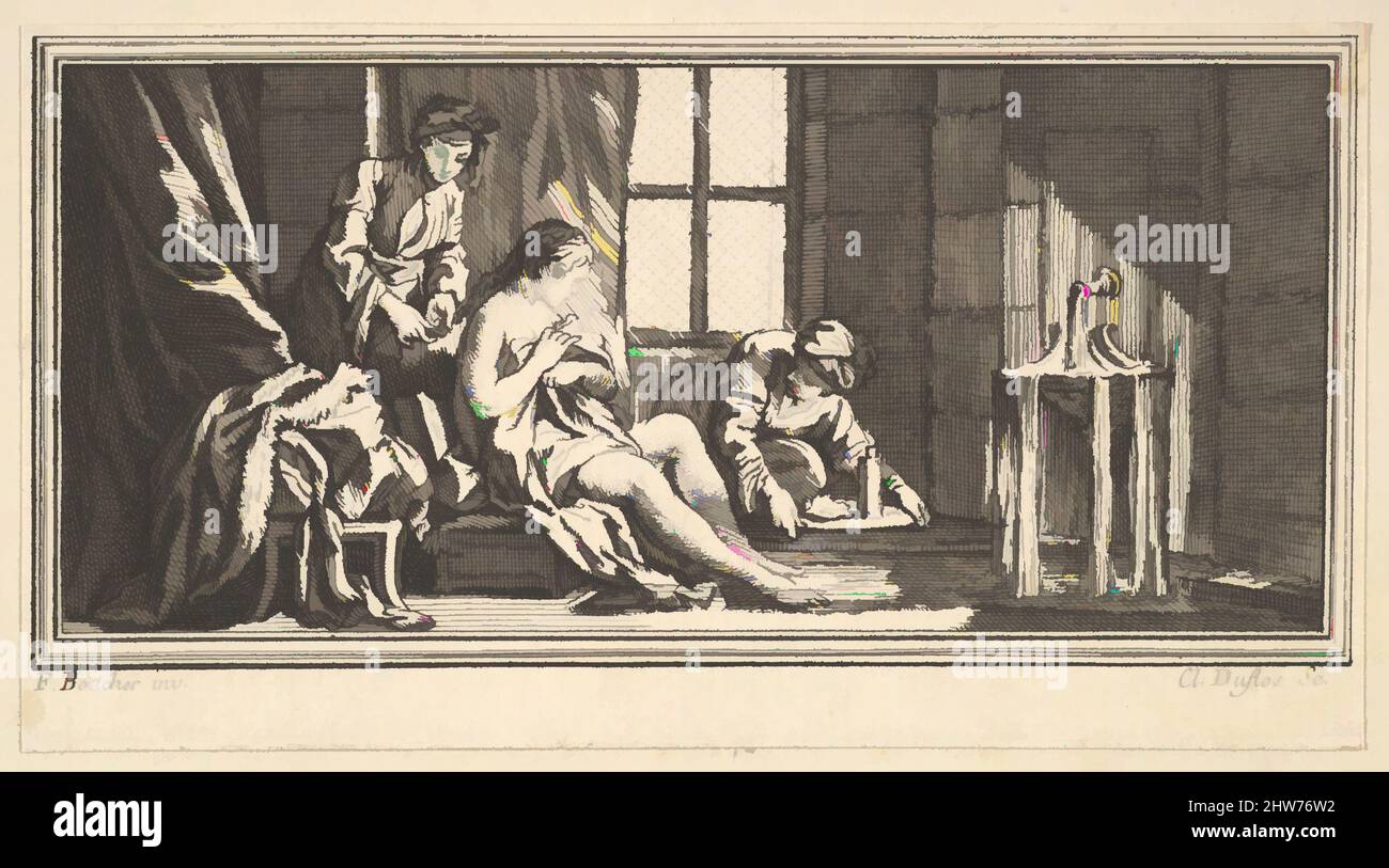 Art inspired by Sultana at Her Toilet, 1746–47, Etching and engraving, Sheet (trimmed): 2 13/16 × 5 3/16 in. (7.1 × 13.2 cm), Prints, Claude Augustin Duflos le Jeune (French, Paris 1700–1786 Paris), After François Boucher (French, Paris 1703–1770 Paris, Classic works modernized by Artotop with a splash of modernity. Shapes, color and value, eye-catching visual impact on art. Emotions through freedom of artworks in a contemporary way. A timeless message pursuing a wildly creative new direction. Artists turning to the digital medium and creating the Artotop NFT Stock Photo