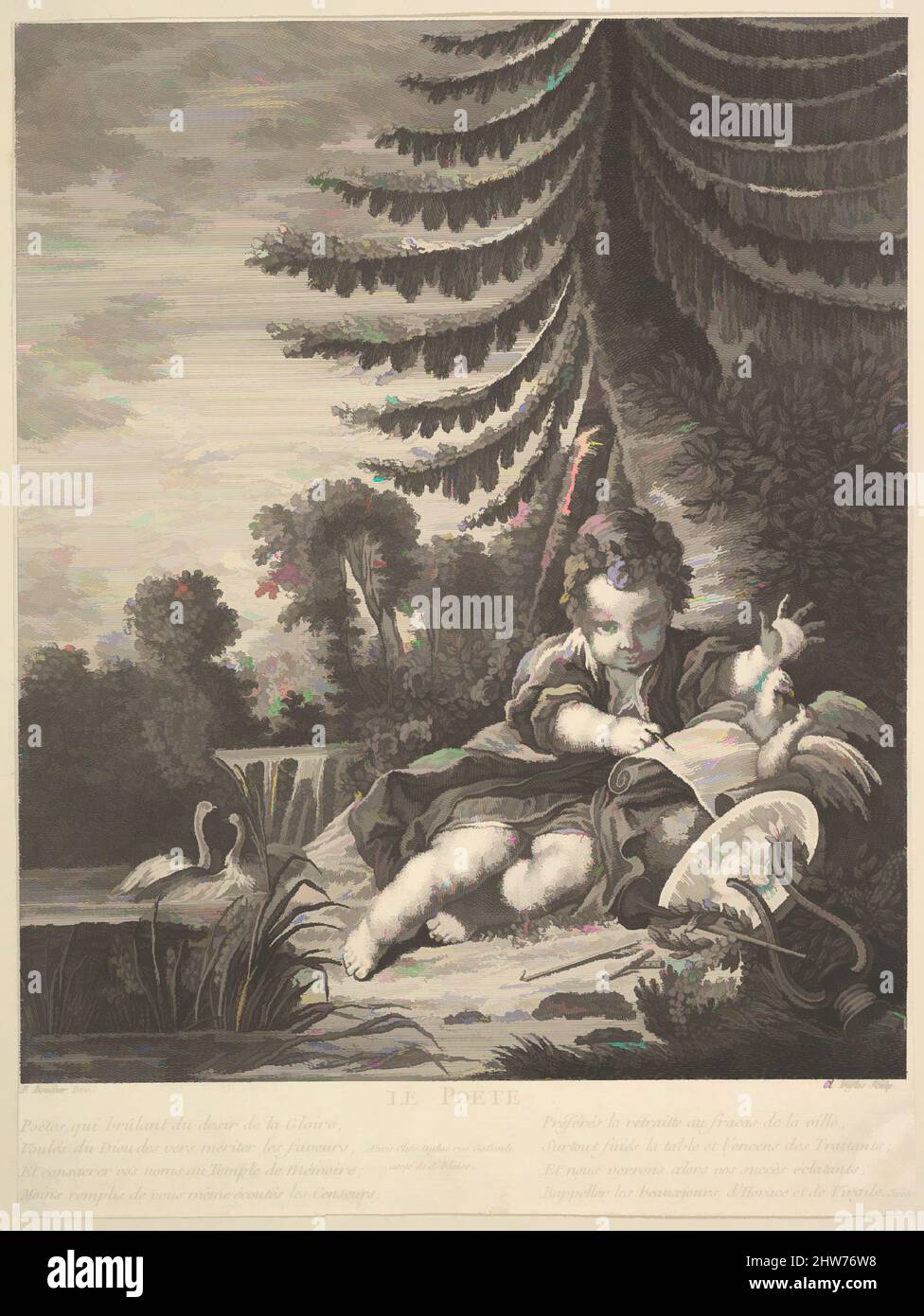 Art inspired by The Poet, ca. 1753, Etching and engraving, Sheet (trimmed): 10 9/16 in. × 8 in. (26.9 × 20.3 cm), Prints, Claude Augustin Duflos le Jeune (French, Paris 1700–1786 Paris), After François Boucher (French, Paris 1703–1770 Paris, Classic works modernized by Artotop with a splash of modernity. Shapes, color and value, eye-catching visual impact on art. Emotions through freedom of artworks in a contemporary way. A timeless message pursuing a wildly creative new direction. Artists turning to the digital medium and creating the Artotop NFT Stock Photo