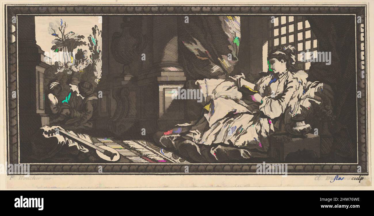 Art inspired by Sultana Reading in the Harem, 1746–47, Etching and engraving, Sheet (trimmed): 2 5/8 × 5 3/16 in. (6.6 × 13.1 cm), Prints, Claude Augustin Duflos le Jeune (French, Paris 1700–1786 Paris), After François Boucher (French, Paris 1703–1770 Paris, Classic works modernized by Artotop with a splash of modernity. Shapes, color and value, eye-catching visual impact on art. Emotions through freedom of artworks in a contemporary way. A timeless message pursuing a wildly creative new direction. Artists turning to the digital medium and creating the Artotop NFT Stock Photo