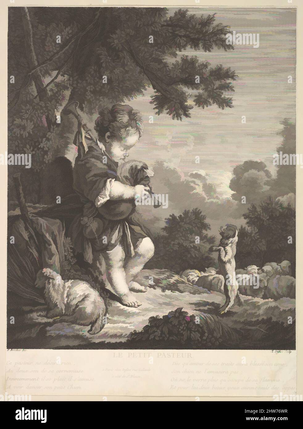 Art inspired by The Little Shepherd, ca. 1753, Etching and engraving, Sheet (trimmed): 10 11/16 in. × 8 in. (27.2 × 20.3 cm), Prints, Claude Augustin Duflos le Jeune (French, Paris 1700–1786 Paris), After François Boucher (French, Paris 1703–1770 Paris, Classic works modernized by Artotop with a splash of modernity. Shapes, color and value, eye-catching visual impact on art. Emotions through freedom of artworks in a contemporary way. A timeless message pursuing a wildly creative new direction. Artists turning to the digital medium and creating the Artotop NFT Stock Photo
