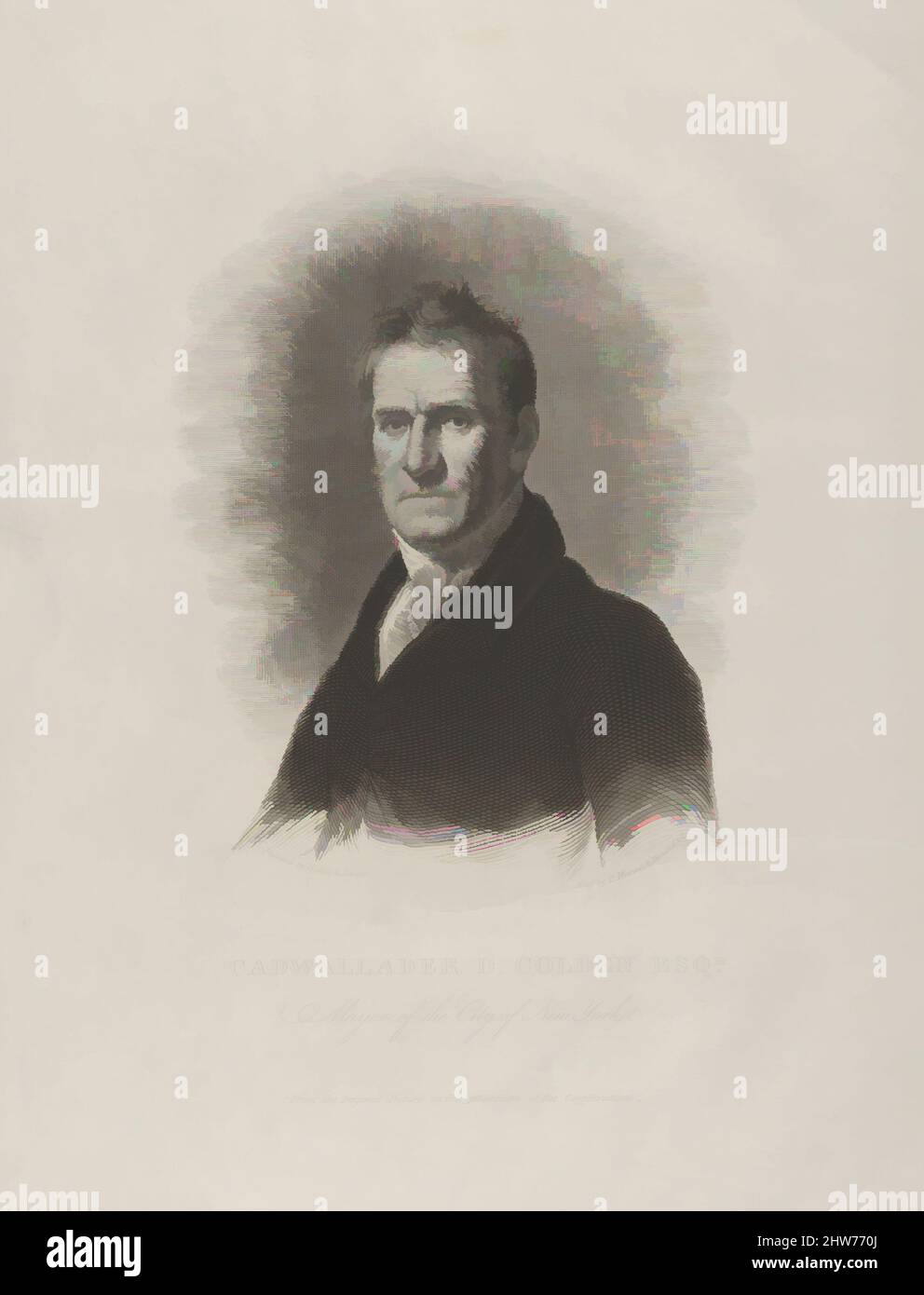Art inspired by Cadwallader David Colden, Mayor of New York City, ca. 1825, Engraving; first state of two, Plate: 12 5/8 x 9 3/4 in. (32 x 24.7 cm), Prints, Asher Brown Durand (American, Jefferson, New Jersey 1796–1886 Maplewood, New Jersey), Peter Maverick (American, New York 1780–, Classic works modernized by Artotop with a splash of modernity. Shapes, color and value, eye-catching visual impact on art. Emotions through freedom of artworks in a contemporary way. A timeless message pursuing a wildly creative new direction. Artists turning to the digital medium and creating the Artotop NFT Stock Photo