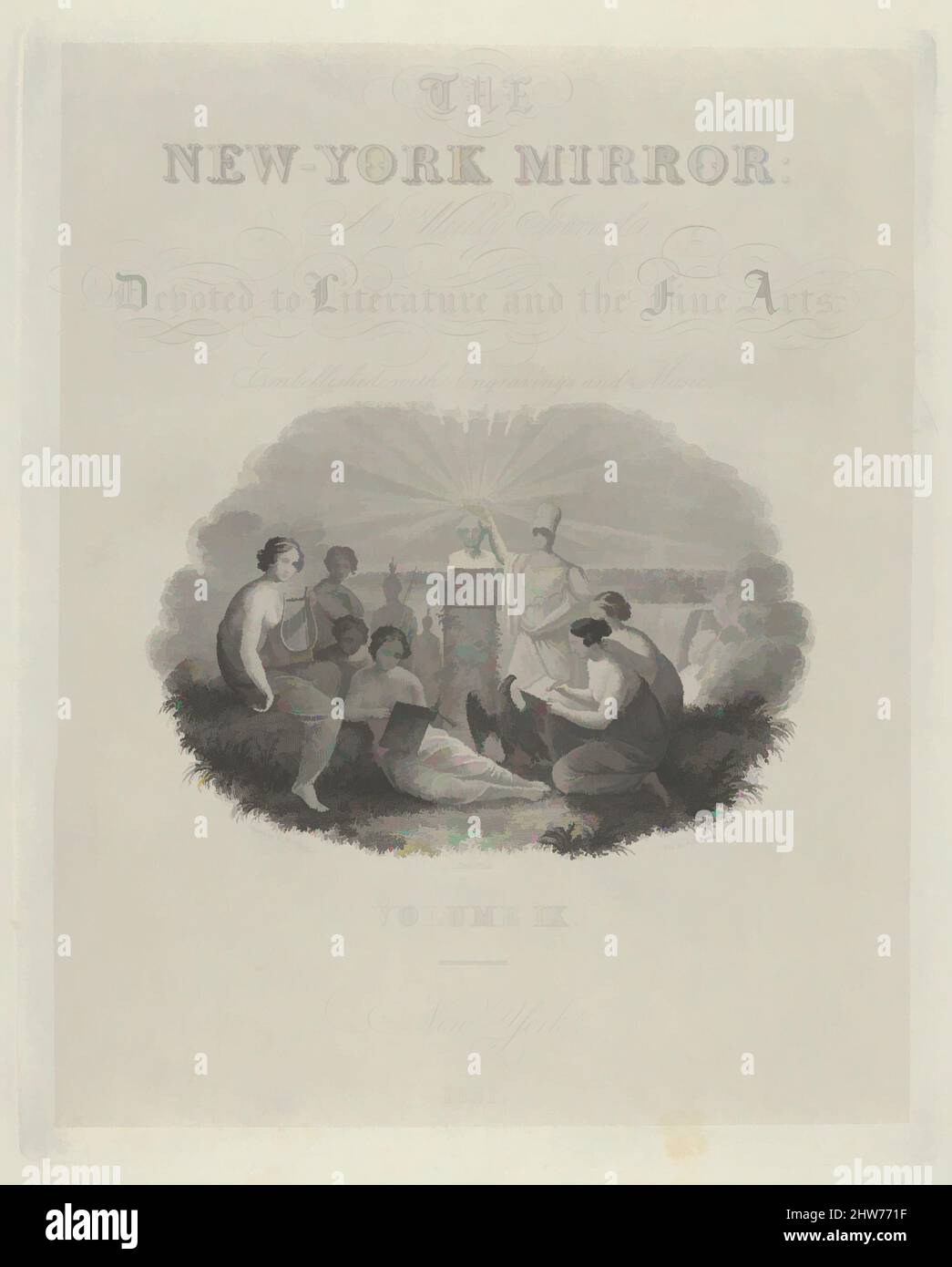 Art inspired by Title Page: The New York Mirror, A Weekly Journal, Devoted to Literature and the Fine Arts. Embellished with Engravings and Music, Volume IX, 1831, Engraving on chine collé, plate: 10 3/8 x 8 7/16 in. (26.3 x 21.4 cm), Prints, Asher Brown Durand (American, Jefferson, Classic works modernized by Artotop with a splash of modernity. Shapes, color and value, eye-catching visual impact on art. Emotions through freedom of artworks in a contemporary way. A timeless message pursuing a wildly creative new direction. Artists turning to the digital medium and creating the Artotop NFT Stock Photo