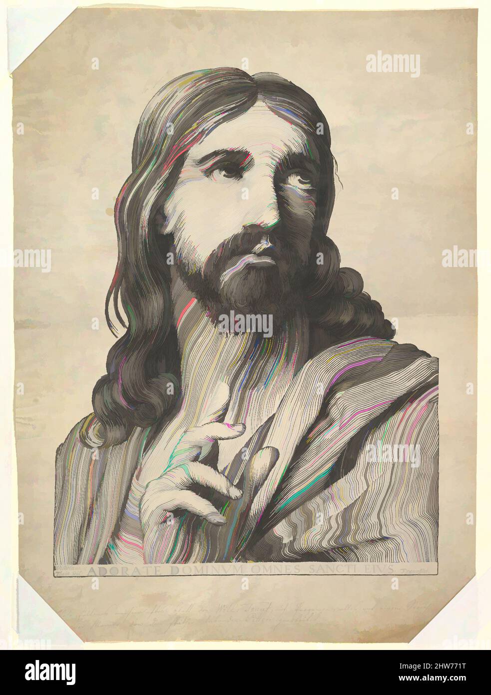 Art inspired by Bust of Christ Blessing, 17th century, Woodcut on vellum, sheet: 19 11/16 x 14 7/16 in. (50 x 36.6 cm), Prints, Wilhelm Traut (German, died 1662 Frankfurt), After Claude Mellan (French, Abbeville 1598–1688 Paris, Classic works modernized by Artotop with a splash of modernity. Shapes, color and value, eye-catching visual impact on art. Emotions through freedom of artworks in a contemporary way. A timeless message pursuing a wildly creative new direction. Artists turning to the digital medium and creating the Artotop NFT Stock Photo