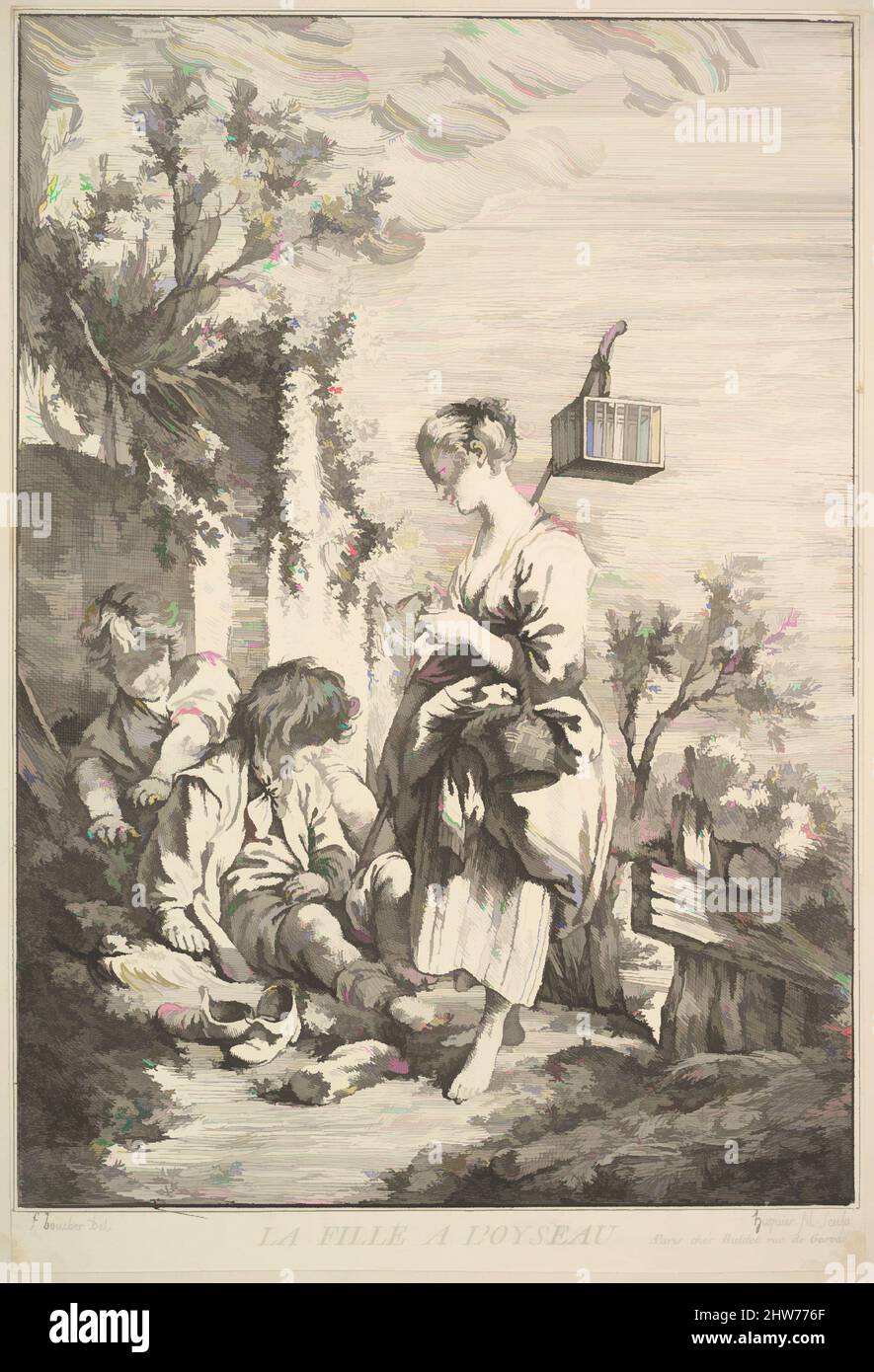 Art inspired by Girl with a Bird, mid to late 18th century, Etching and engraving, Sheet (trimmed): 12 3/8 × 8 7/16 in. (31.5 × 21.4 cm), Prints, Jacques Gabriel Huquier (French, Paris 1730–1805 Shrewsbury), After François Boucher (French, Paris 1703–1770 Paris, Classic works modernized by Artotop with a splash of modernity. Shapes, color and value, eye-catching visual impact on art. Emotions through freedom of artworks in a contemporary way. A timeless message pursuing a wildly creative new direction. Artists turning to the digital medium and creating the Artotop NFT Stock Photo