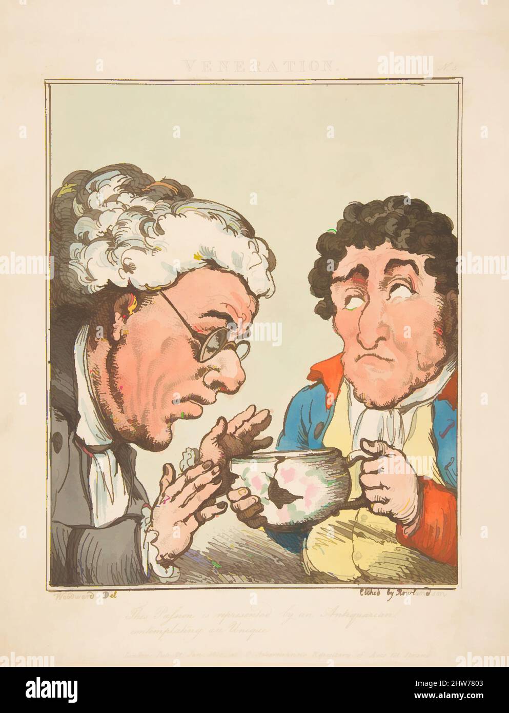 Art inspired by Veneration (Le Brun Travested, or Caricatures of the Passions), January 21, 1800, Hand-colored etching, printed in brown ink, sheet: 11 1/2 x 8 7/8 in. (29.2 x 22.6 cm), Prints, After George Moutard Woodward (British, ca. 1760–1809 London, Classic works modernized by Artotop with a splash of modernity. Shapes, color and value, eye-catching visual impact on art. Emotions through freedom of artworks in a contemporary way. A timeless message pursuing a wildly creative new direction. Artists turning to the digital medium and creating the Artotop NFT Stock Photo