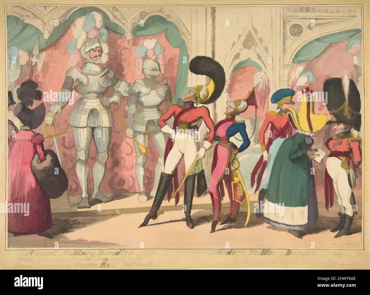 Art inspired by Ancient Military Dandies of 1450 – Modern Military Dandies of 1819, August 1, 1835, Etching, hand colored, sheet: 10 1/8 x 14 1/16 in. (25.7 x 35.7 cm), Prints, George Cruikshank (British, London 1792–1878 London, Classic works modernized by Artotop with a splash of modernity. Shapes, color and value, eye-catching visual impact on art. Emotions through freedom of artworks in a contemporary way. A timeless message pursuing a wildly creative new direction. Artists turning to the digital medium and creating the Artotop NFT Stock Photo
