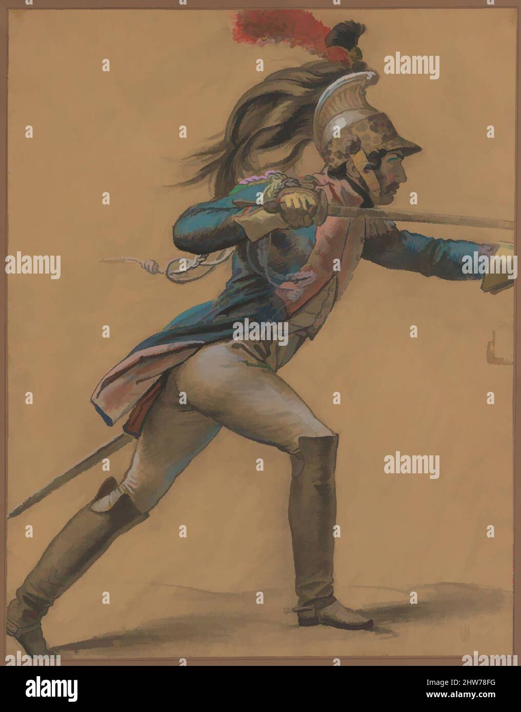 Art inspired by A French Dragoon, Study for 'The Revolt of Cairo', ca. 1809, Pastel and conté crayon, with some stumping, on gold-colored dyed laid paper, sheet: 23 3/8 x 18 1/2 in. (59.4 x 47 cm), Drawings, Anne Louis Girodet-Trioson (French, Montargis 1767–1824 Paris, Classic works modernized by Artotop with a splash of modernity. Shapes, color and value, eye-catching visual impact on art. Emotions through freedom of artworks in a contemporary way. A timeless message pursuing a wildly creative new direction. Artists turning to the digital medium and creating the Artotop NFT Stock Photo