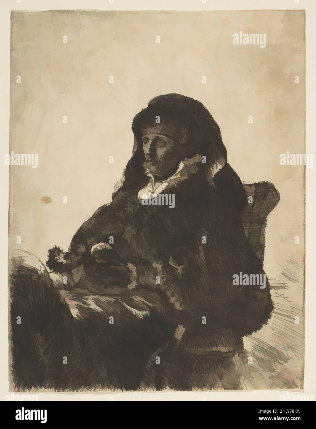 Art inspired by The Artist's Mother Seated at a Table, Looking Left: Three Quarter Length, after 1631, Etching, Sheet: 5 7/8 × 4 9/16 in. (14.9 × 11.6 cm), Prints, After Rembrandt (Rembrandt van Rijn) (Dutch, Leiden 1606–1669 Amsterdam, Classic works modernized by Artotop with a splash of modernity. Shapes, color and value, eye-catching visual impact on art. Emotions through freedom of artworks in a contemporary way. A timeless message pursuing a wildly creative new direction. Artists turning to the digital medium and creating the Artotop NFT Stock Photo
