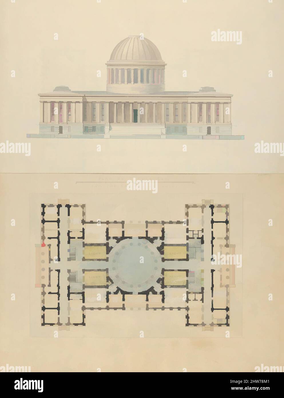 Art inspired by Plan by T. Cole, Esq. for the Capitol of Ohio, ca. 1839, Watercolor, ink and graphite, sheet: 16 7/8 x 12 3/8 in. (42.8 x 31.5 cm), Drawings, Alexander Jackson Davis (American, New York 1803–1892 West Orange, New Jersey, Classic works modernized by Artotop with a splash of modernity. Shapes, color and value, eye-catching visual impact on art. Emotions through freedom of artworks in a contemporary way. A timeless message pursuing a wildly creative new direction. Artists turning to the digital medium and creating the Artotop NFT Stock Photo