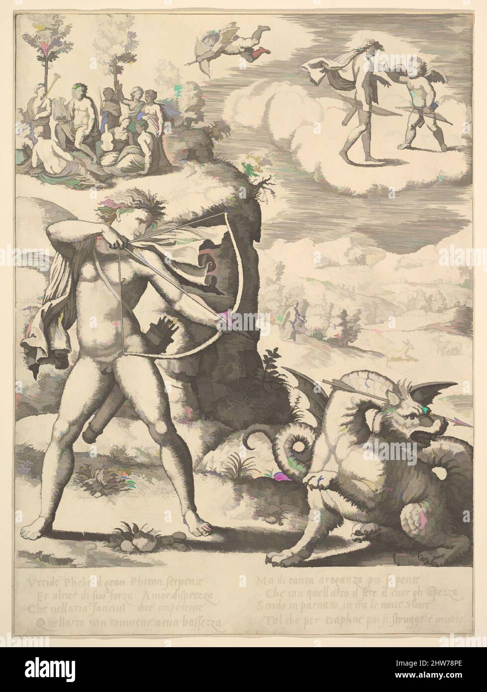 Art inspired by Apollo standing at left shooting a python with an arrow, above to the left are the muses and at right on a cloud Cupid approaching Apollo, from the 'Story of Apollo and Daphne', 1530–60, Engraving, sheet: 9 7/16 x 7 1/16 in. (24 x 18 cm), Prints, Master of the Die (, Classic works modernized by Artotop with a splash of modernity. Shapes, color and value, eye-catching visual impact on art. Emotions through freedom of artworks in a contemporary way. A timeless message pursuing a wildly creative new direction. Artists turning to the digital medium and creating the Artotop NFT Stock Photo