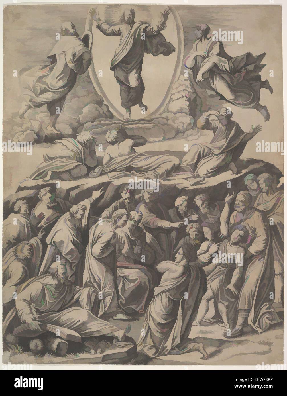 Art inspired by The Transfiguration of Christ who appears upper centre, below him various figures including the Apostles, 1530–60, Engraving, sheet: 15 9/16 x 12 in. (39.5 x 30.5 cm), Prints, Master of the Die (Italian, active Rome, ca. 1530–60), After Raphael (Raffaello Sanzio or, Classic works modernized by Artotop with a splash of modernity. Shapes, color and value, eye-catching visual impact on art. Emotions through freedom of artworks in a contemporary way. A timeless message pursuing a wildly creative new direction. Artists turning to the digital medium and creating the Artotop NFT Stock Photo