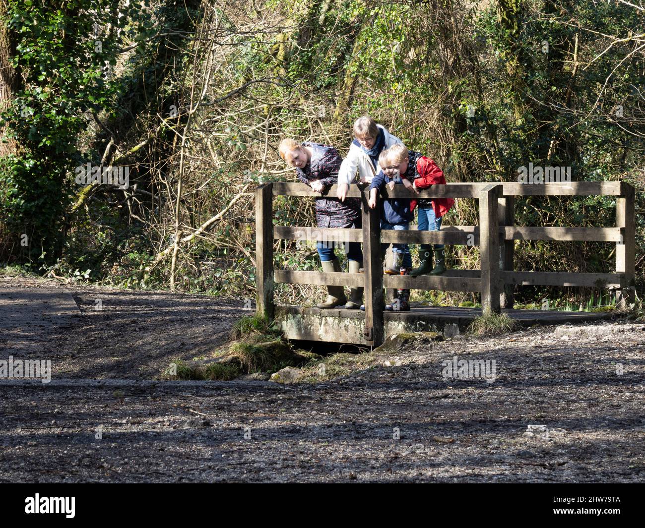 Family playing on bridge over stream on the Pentewan Valley Trail, Cornwall, UK Stock Photo