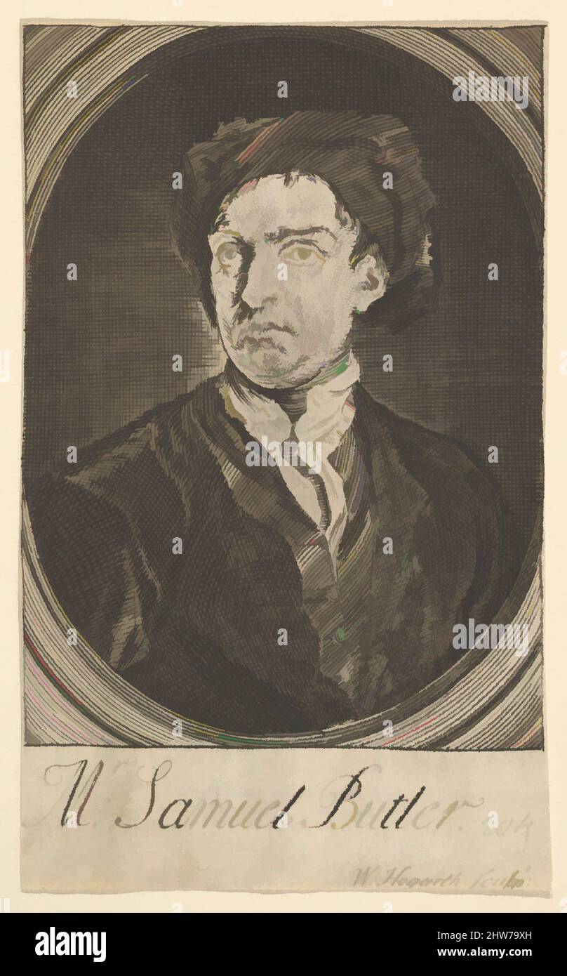 Art inspired by Frontispiece Portrait (Seventeen Small Illustrations for Samuel Butler's Hudibras), April 1726, Etching and engraving, sheet (trimmed within plate): 4 1/2 x 2 13/16 in. (11.5 x 7.1 cm), Prints, Published as a frontispiece to Samuel Butler's Hudibras, this print is, Classic works modernized by Artotop with a splash of modernity. Shapes, color and value, eye-catching visual impact on art. Emotions through freedom of artworks in a contemporary way. A timeless message pursuing a wildly creative new direction. Artists turning to the digital medium and creating the Artotop NFT Stock Photo