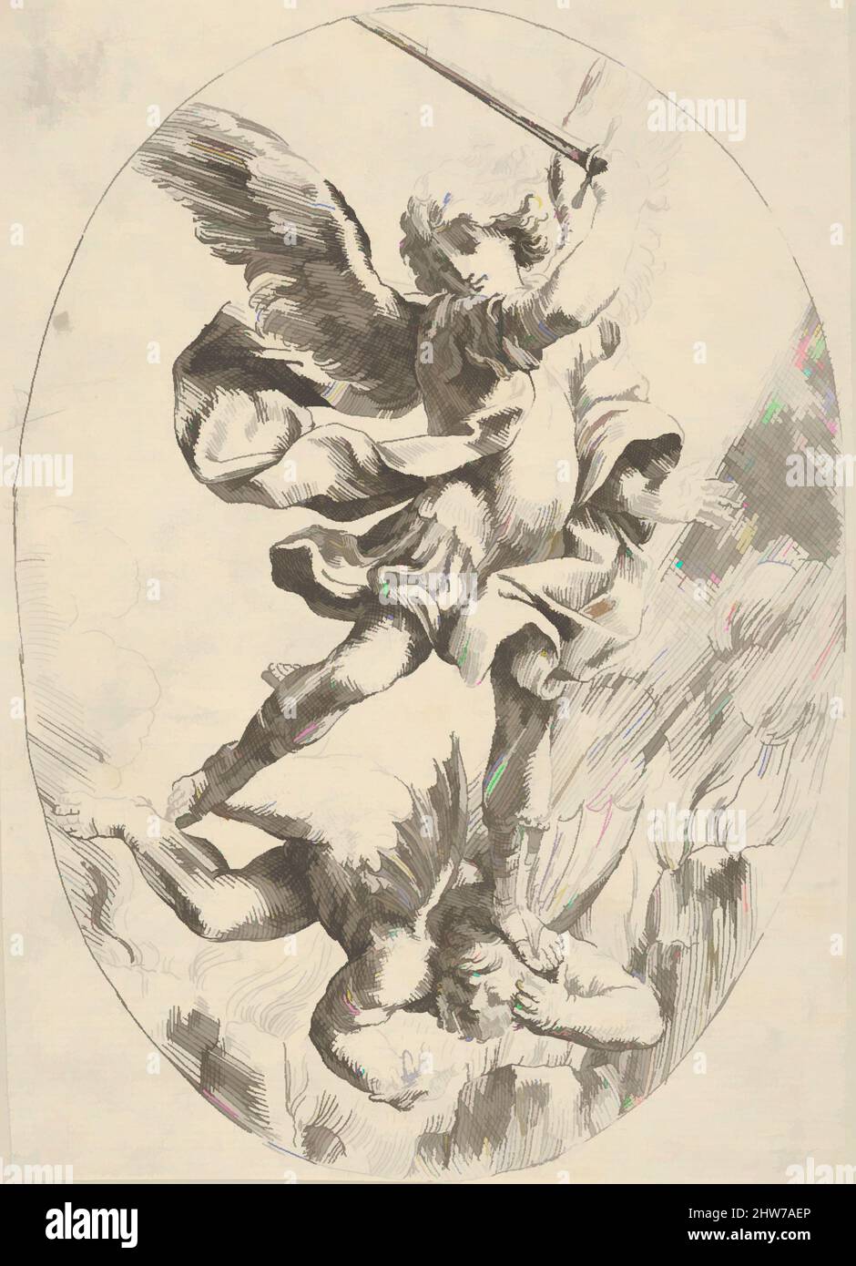 Art inspired by The winged archangel Saint Michael holding a sword and standing on the head of the devil, who descends into hell, an oval composition, after Reni, 1600–1640, Etching, Sheet: 8 1/4 × 5 13/16 in. (21 × 14.7 cm), Prints, Anonymous, 17th century, After Guido Reni (Italian, Classic works modernized by Artotop with a splash of modernity. Shapes, color and value, eye-catching visual impact on art. Emotions through freedom of artworks in a contemporary way. A timeless message pursuing a wildly creative new direction. Artists turning to the digital medium and creating the Artotop NFT Stock Photo