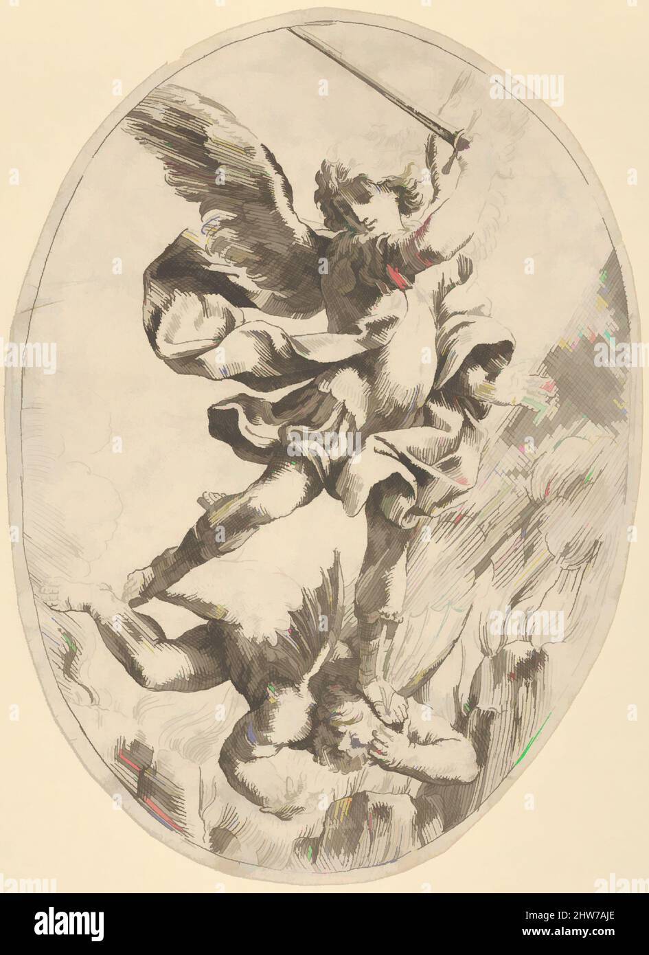 Art inspired by The winged archangel Saint Michael holding a sword and standing on the head of the devil, who descends into hell, an oval composition, after Reni, 1600–1640, Etching, Sheet: 8 1/4 × 6 1/16 in. (21 × 15.4 cm), Prints, Anonymous, 17th century, After Guido Reni (Italian, Classic works modernized by Artotop with a splash of modernity. Shapes, color and value, eye-catching visual impact on art. Emotions through freedom of artworks in a contemporary way. A timeless message pursuing a wildly creative new direction. Artists turning to the digital medium and creating the Artotop NFT Stock Photo
