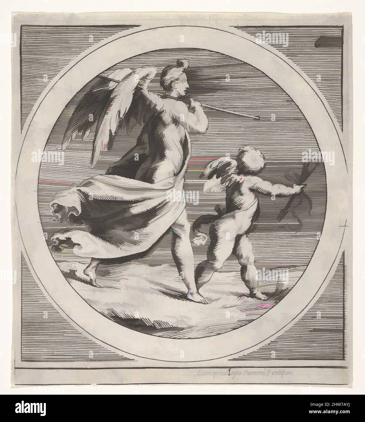 Art inspired by Winged female figure, draped and carrying a staff, striding behind a winged putto, who twists to look over his left shoulder, a round composition, ca. 1550–1600, Engraving, sheet: 6 3/16 x 5 11/16 in. (15.7 x 14.5 cm), Prints, Anonymous, After Cherubino Alberti (, Classic works modernized by Artotop with a splash of modernity. Shapes, color and value, eye-catching visual impact on art. Emotions through freedom of artworks in a contemporary way. A timeless message pursuing a wildly creative new direction. Artists turning to the digital medium and creating the Artotop NFT Stock Photo