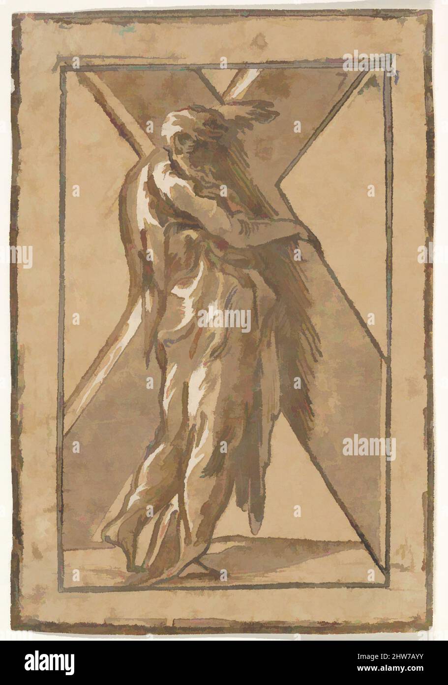 Art inspired by St. Andrew standing in profile view and grasping a monumental cross, chiaroscuro woodcut in green and brown, from a series of twelve apostles after Parmigianino, ca. 1520–50, Chiaroscuro woodcut, sheet: 5 13/16 x 3 15/16 in. (14.7 x 10 cm), Prints, Antonio da Trento (, Classic works modernized by Artotop with a splash of modernity. Shapes, color and value, eye-catching visual impact on art. Emotions through freedom of artworks in a contemporary way. A timeless message pursuing a wildly creative new direction. Artists turning to the digital medium and creating the Artotop NFT Stock Photo