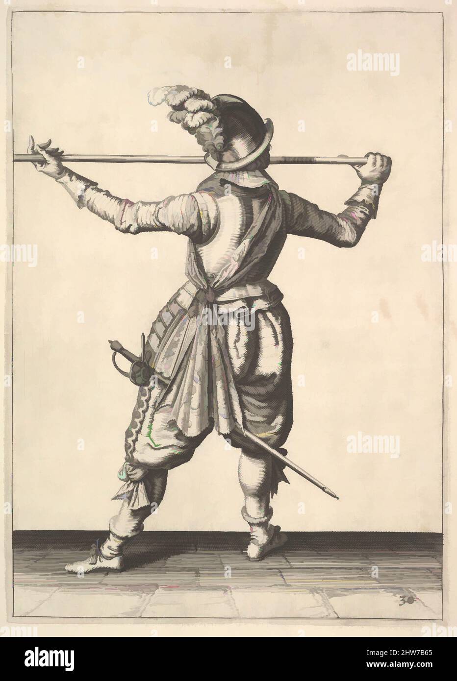 Art inspired by A soldier, seen from the rear, while turning to the right and holding his pike horizontally, from the Lansquenets series, plate 30, in Wapenhandelinghe van Roers Musquetten Ende Spiessen (The Exercise of Arms), Engraving; second state of three (New Hollstein), plate: 10, Classic works modernized by Artotop with a splash of modernity. Shapes, color and value, eye-catching visual impact on art. Emotions through freedom of artworks in a contemporary way. A timeless message pursuing a wildly creative new direction. Artists turning to the digital medium and creating the Artotop NFT Stock Photo