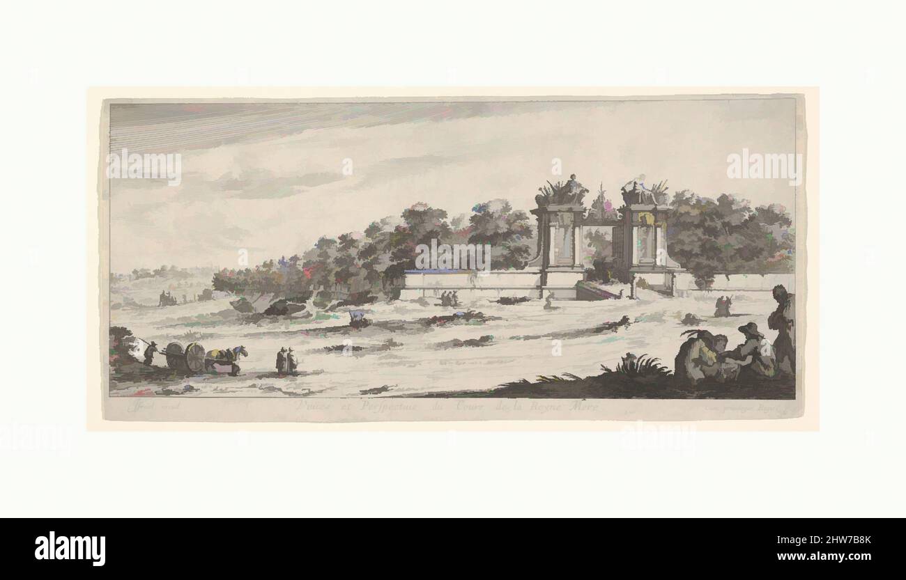 Art inspired by View of the gate of the residence of the Queen Mother, from the series 'Views and new perspectives, drawn from the most beautiful places of Paris and environs' (Veües et perspectives nouvelles, tirées sur les plus beaux lieux de Paris et des environs), ca. 1644, Etching, Classic works modernized by Artotop with a splash of modernity. Shapes, color and value, eye-catching visual impact on art. Emotions through freedom of artworks in a contemporary way. A timeless message pursuing a wildly creative new direction. Artists turning to the digital medium and creating the Artotop NFT Stock Photo
